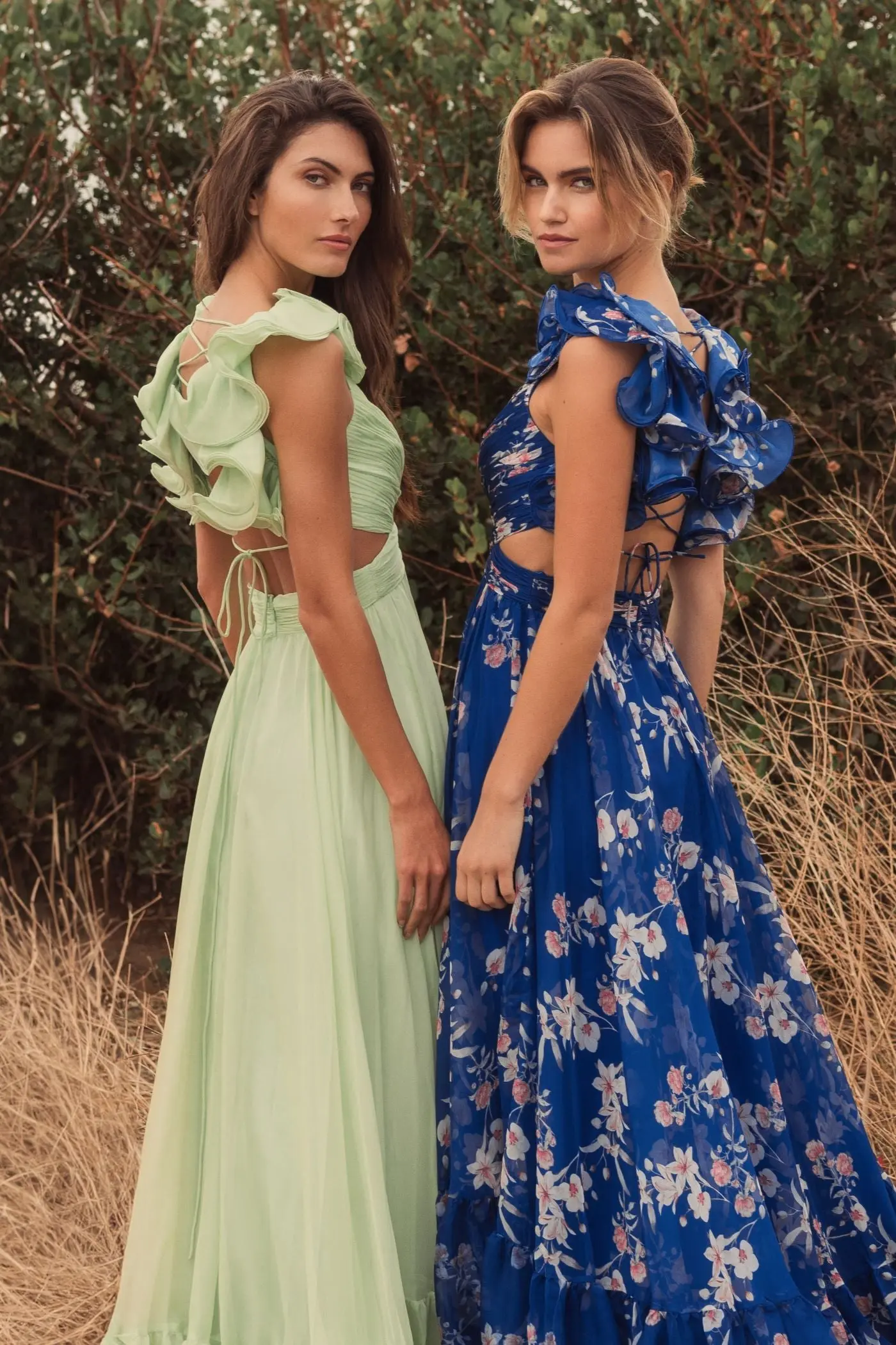 Blue Ruffle Tiered Floral Cut-Out Chiffon Gown - Image 4