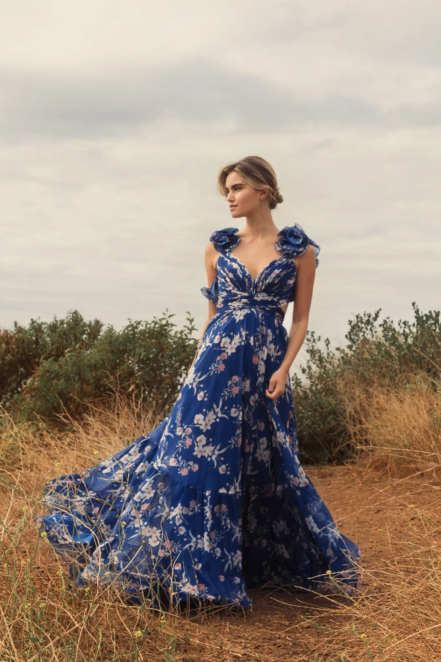 Blue Ruffle Tiered Floral Cut-Out Chiffon Gown - Image 6