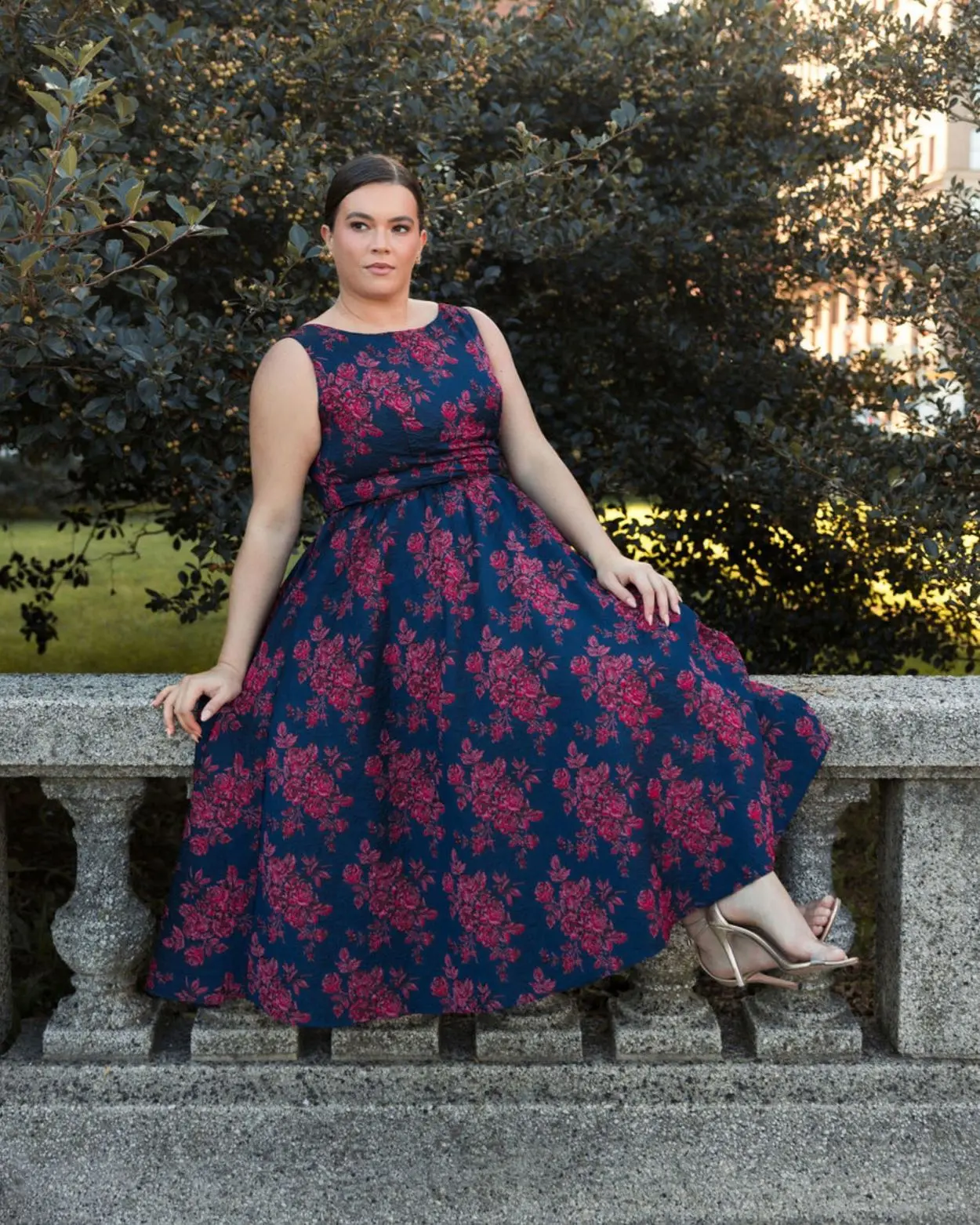 Navy Sleeveless Floral Embroidered Dress (Plus) - Image 5