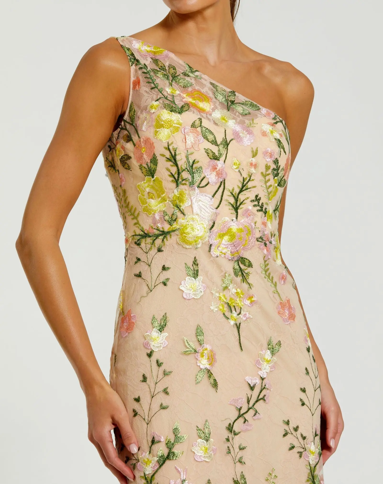Beige One Shoulder Floral Embroidered Gown - Image 2