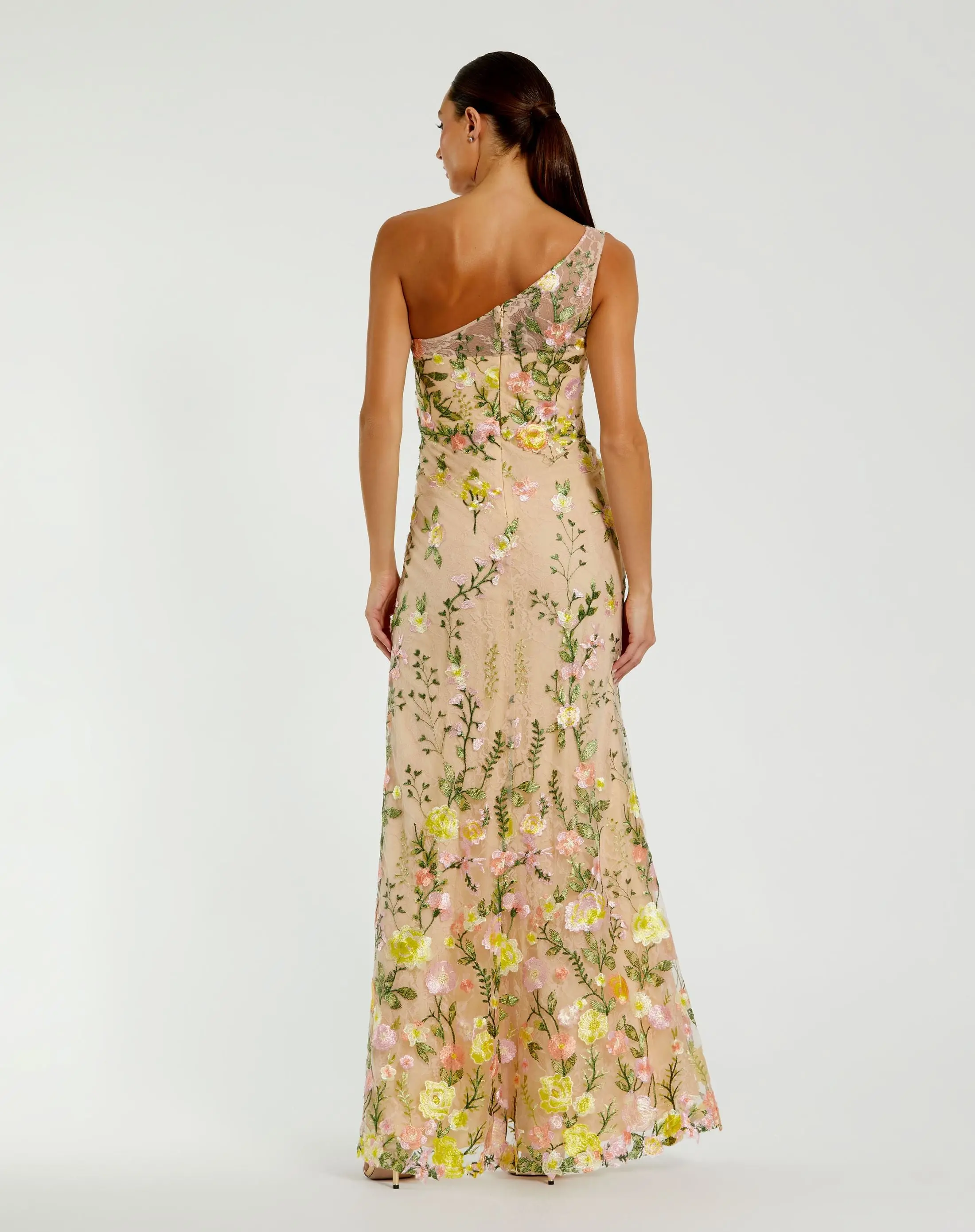Beige One Shoulder Floral Embroidered Gown - Image 3