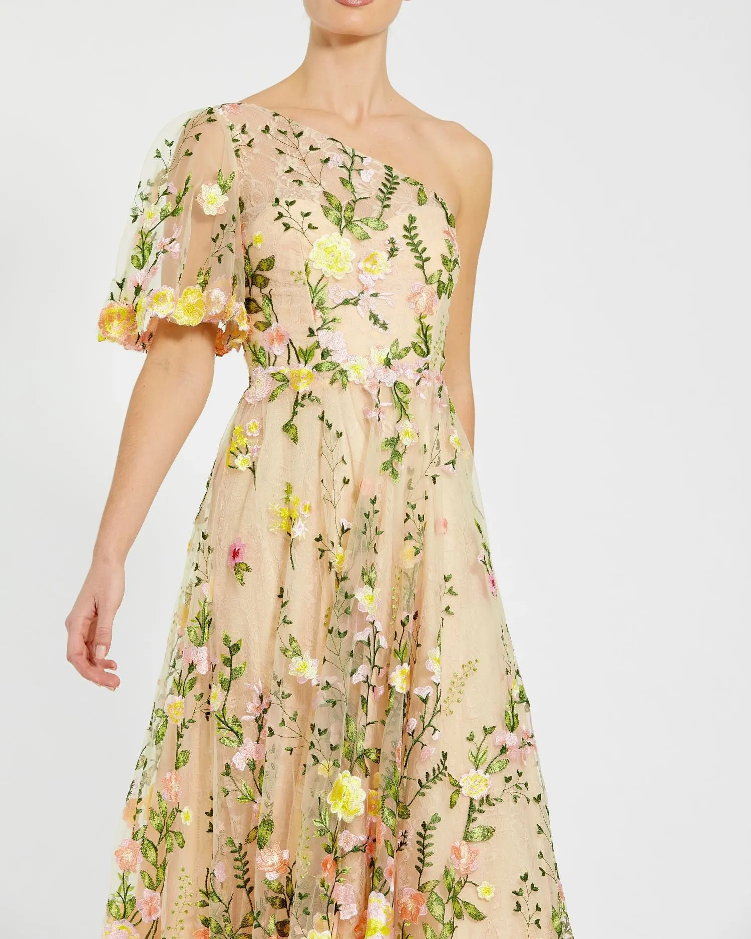 Yellow One Shoulder Lace Embroidered Dress - Image 2