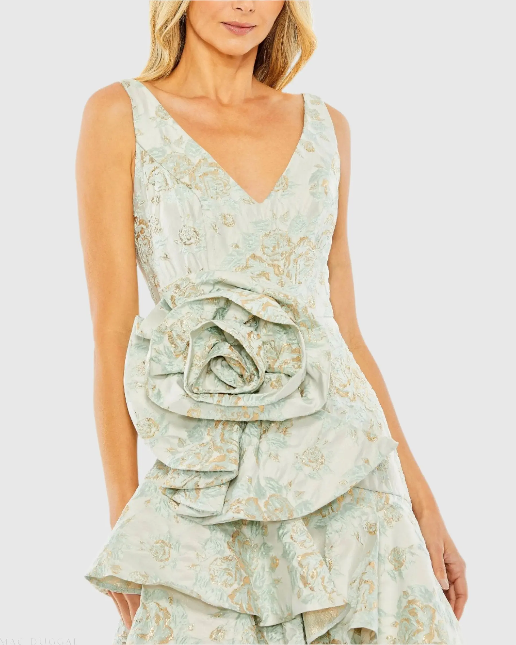 Green Floral Brocade Asymmetrical Hem Dress with Rosette - FINAL SALE - Image 2