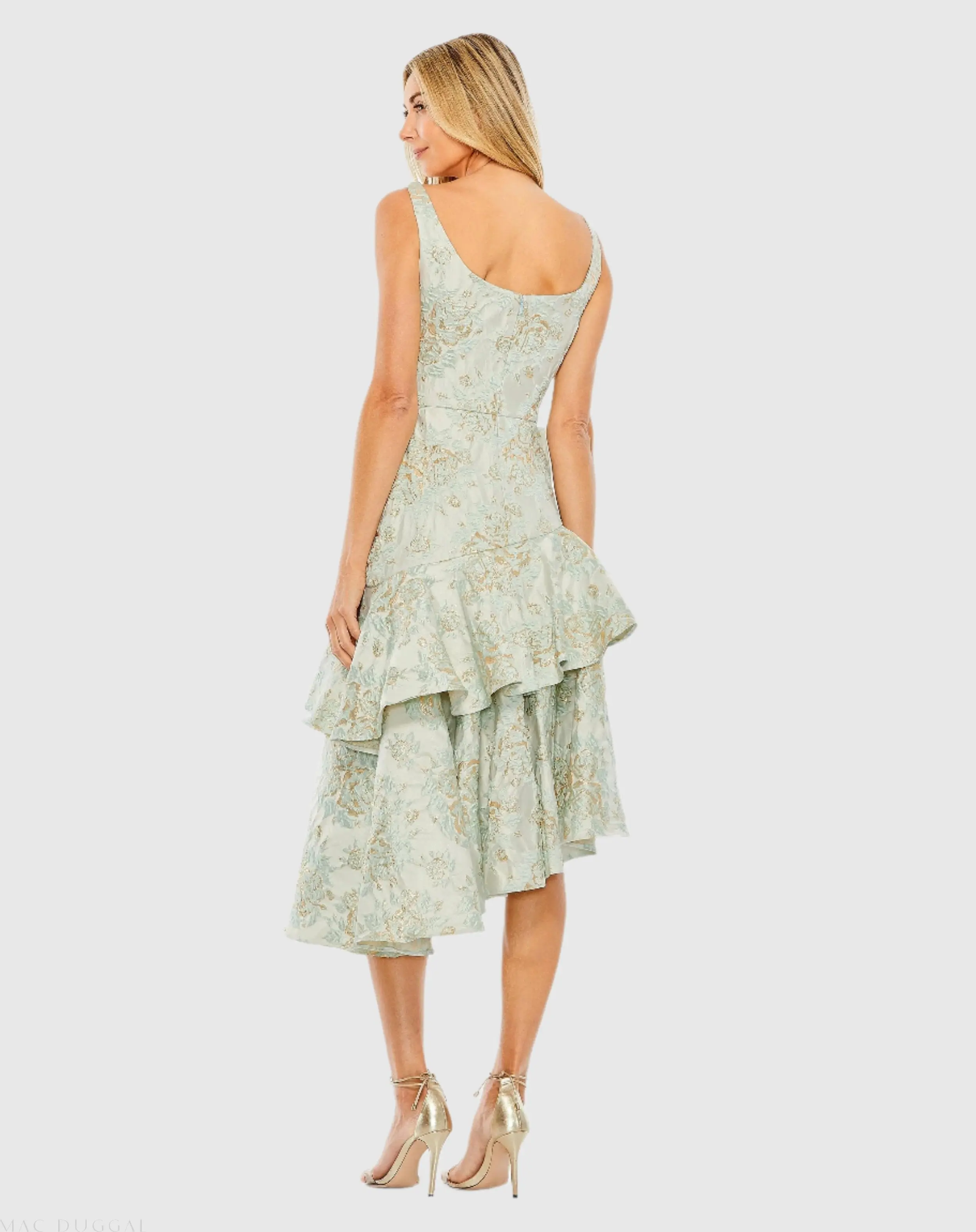 Green Floral Brocade Asymmetrical Hem Dress with Rosette - FINAL SALE - Image 3