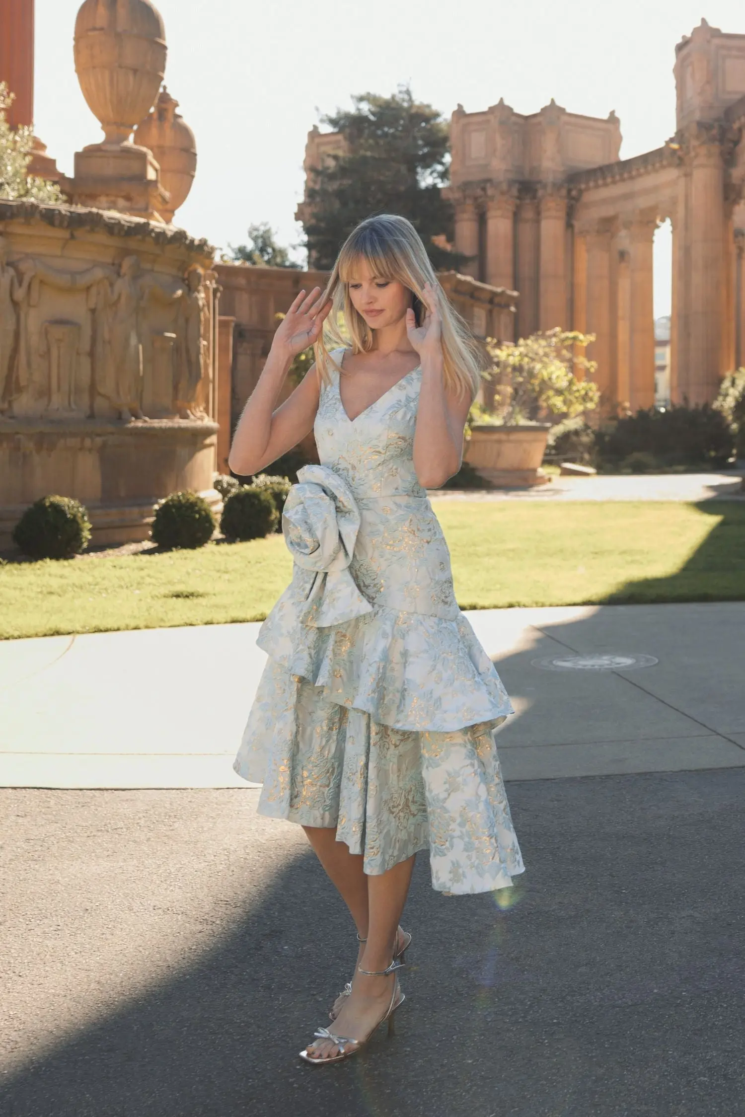 Green Floral Brocade Asymmetrical Hem Dress with Rosette - FINAL SALE - Image 4