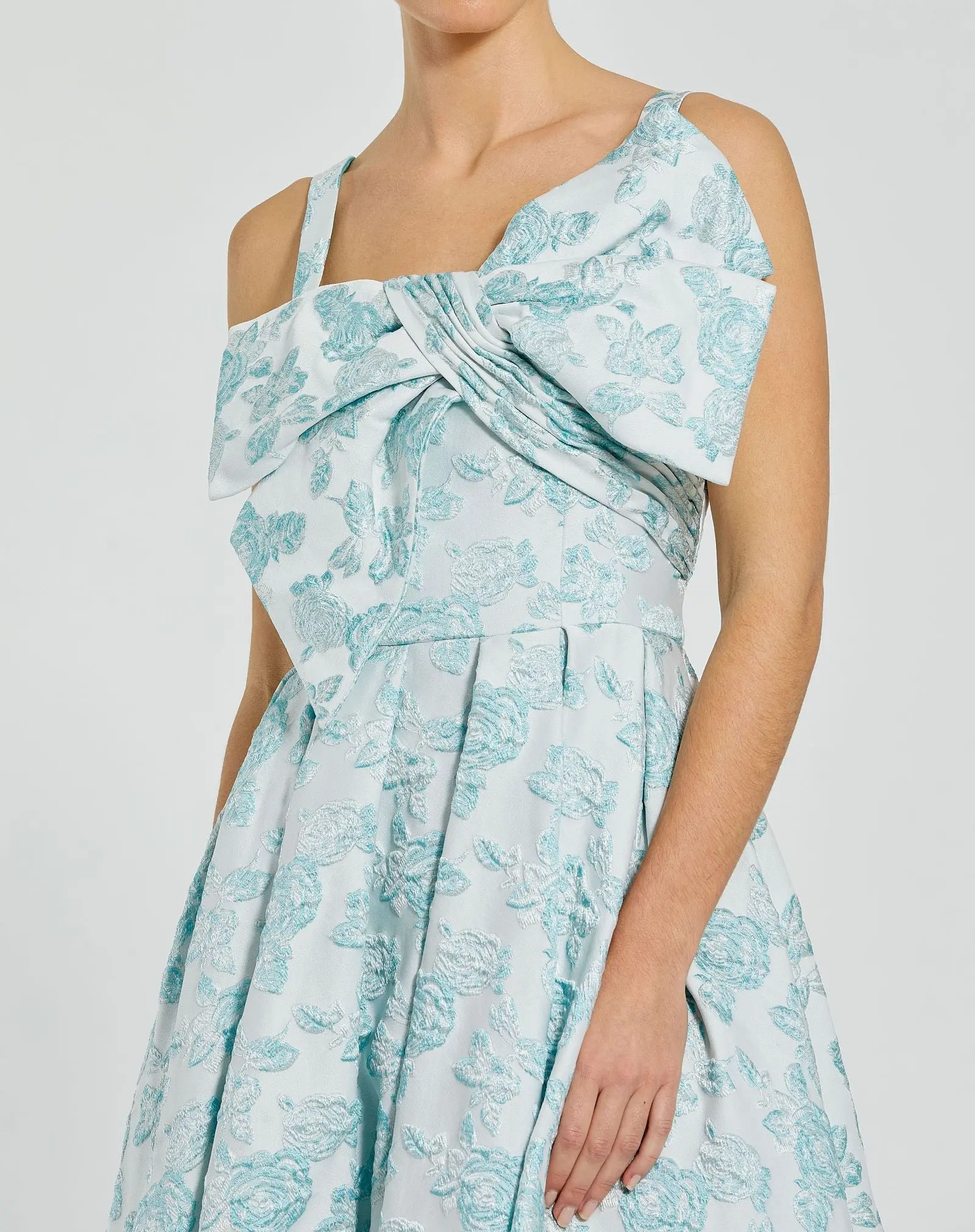 Blue Sleeveless Large Bow Detail Floral Brocade Dress - Image 2