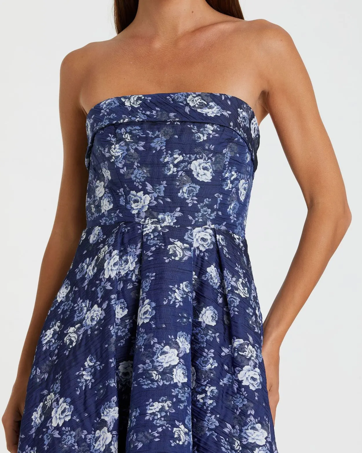 Blue Strapless Brocade Midi Dress - Image 2