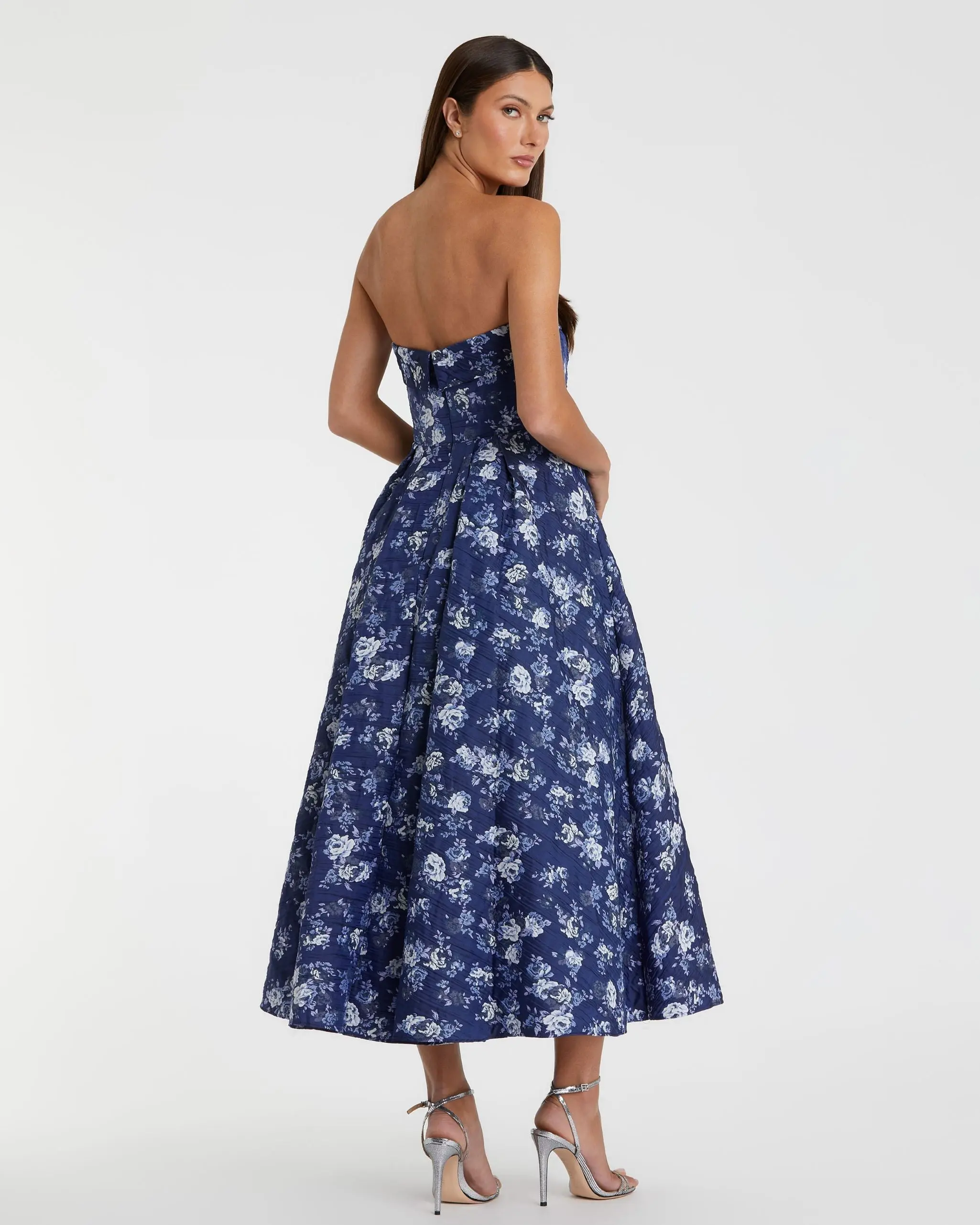 Blue Strapless Brocade Midi Dress - Image 3
