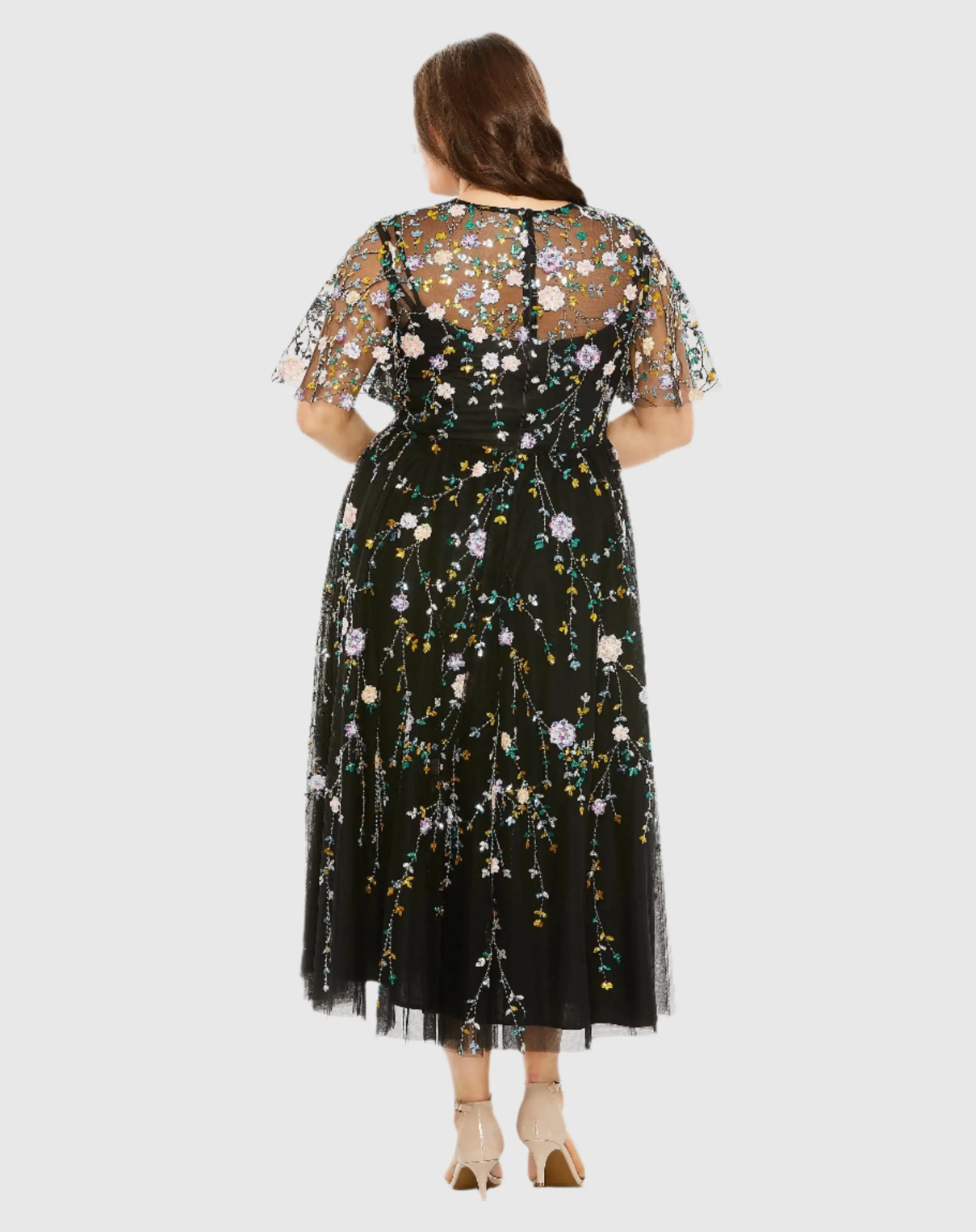 Black Floral Embroidered A-Line Midi Dress (Plus) - Image 3