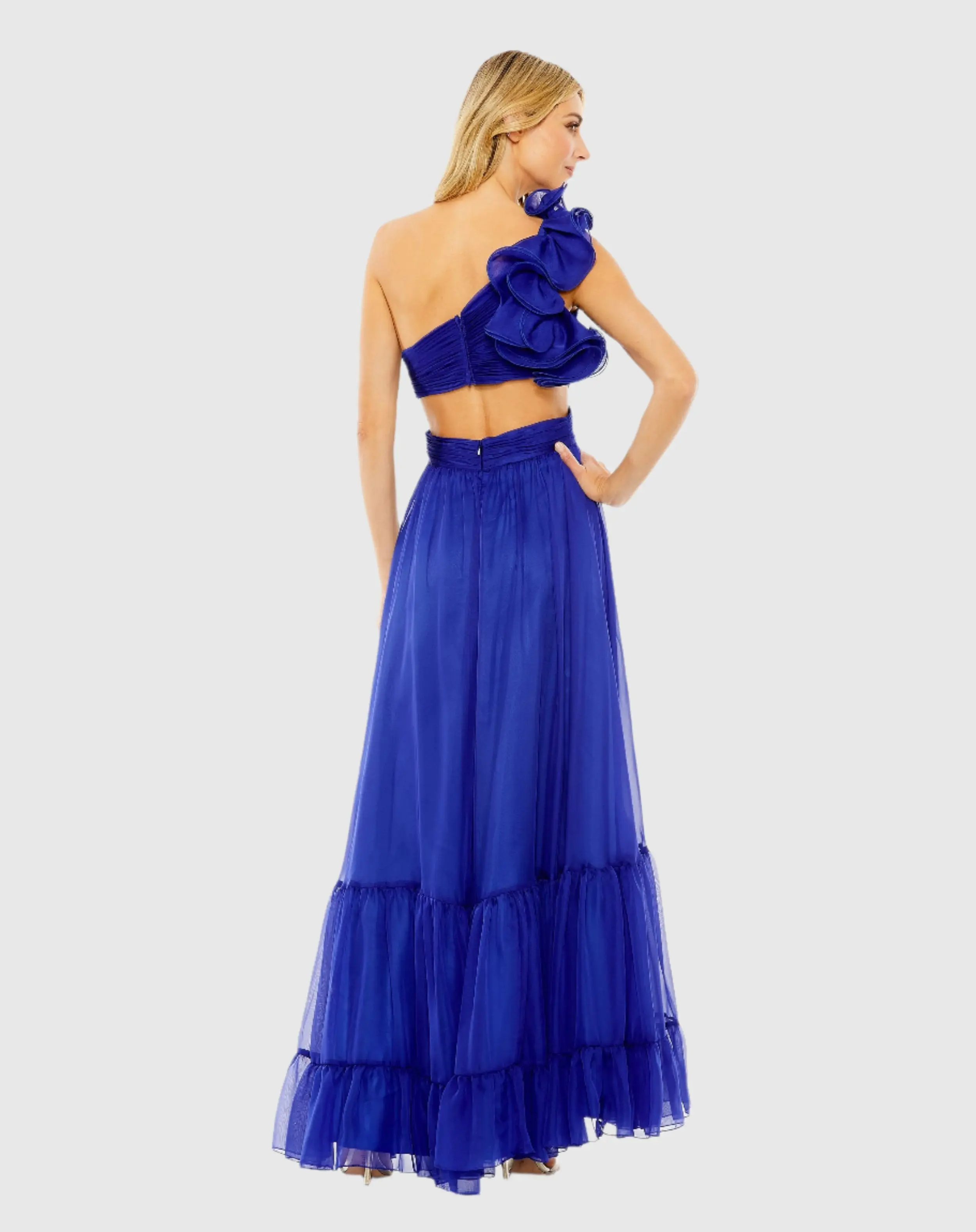 Blue One Shoulder Ruffle Tiered Cut-Out Chiffon Gown - Image 3