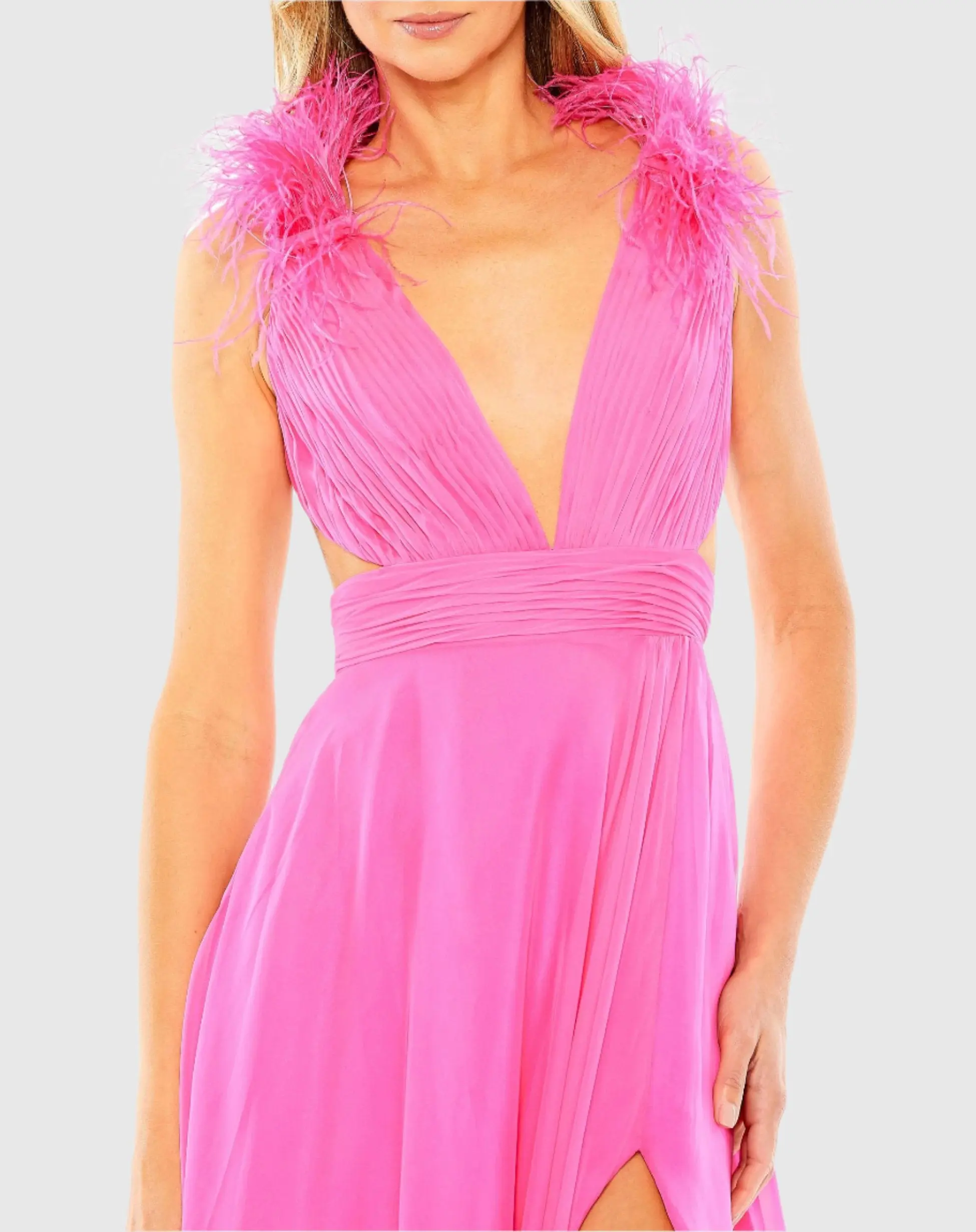 Pink A-Line V Neck Feathered Collar Gown - Image 2