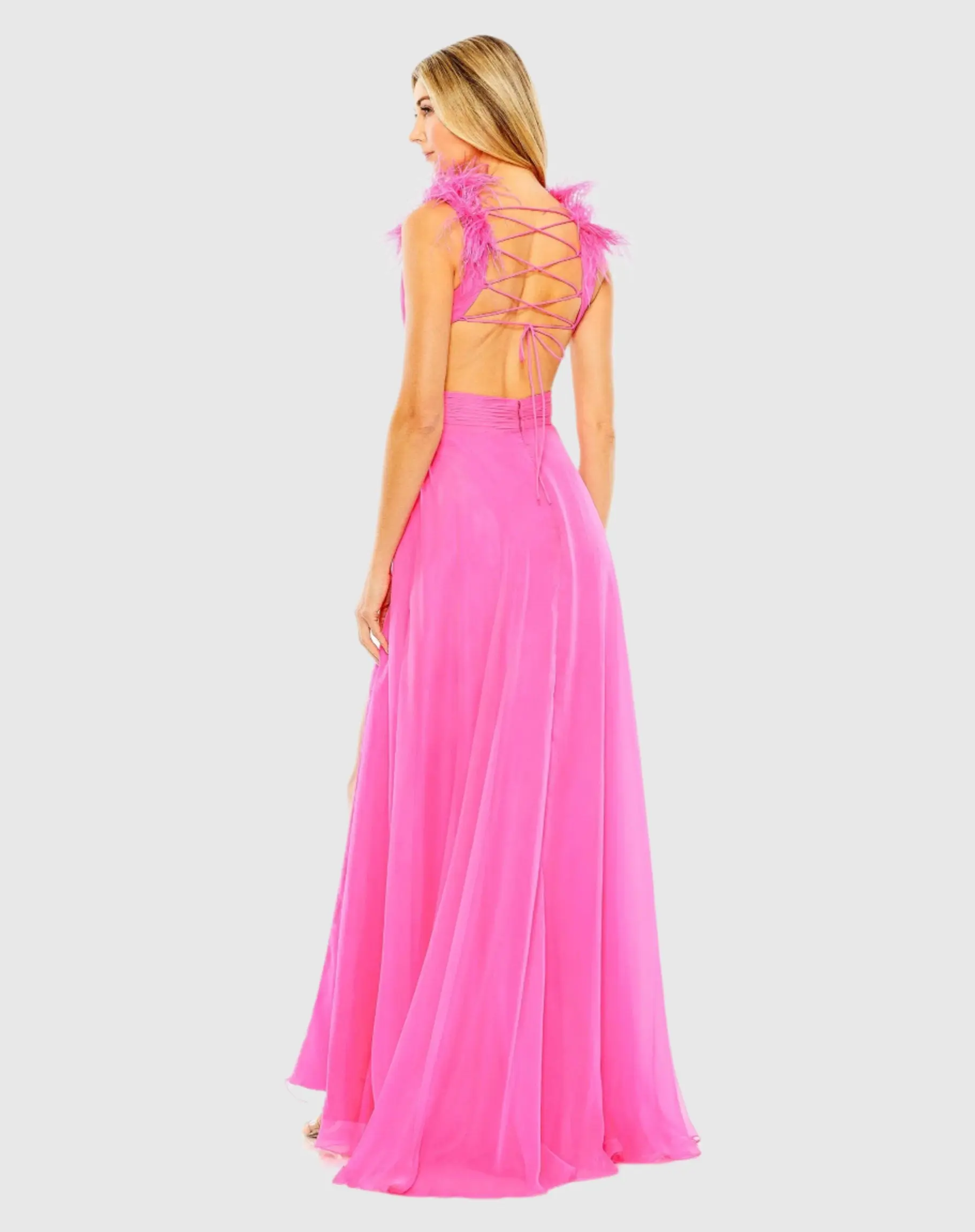 Pink A-Line V Neck Feathered Collar Gown - Image 3