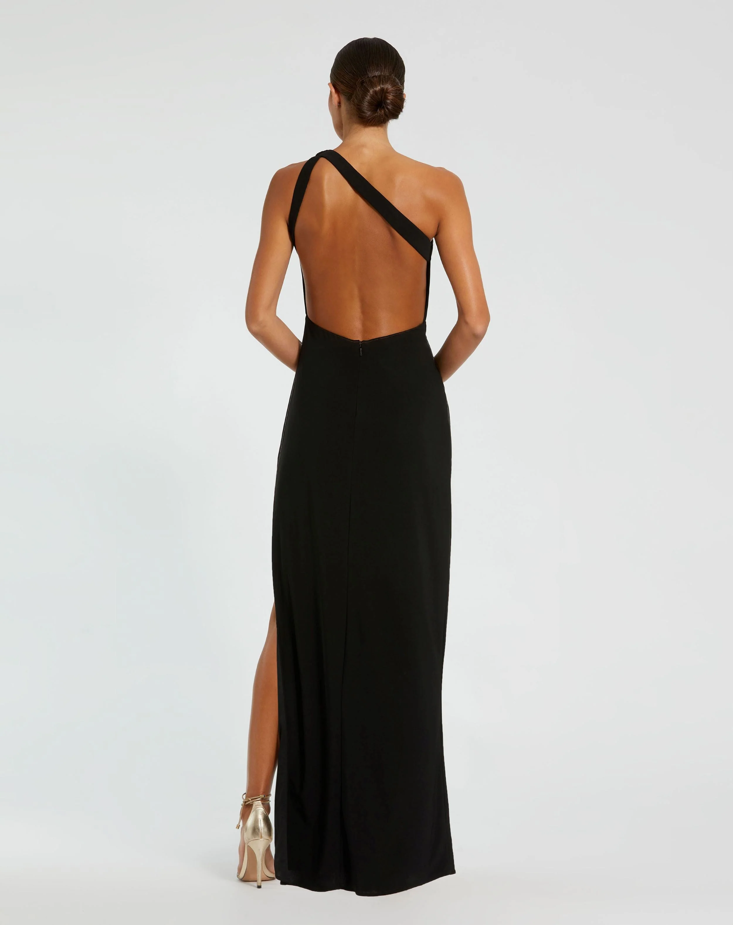 Black One Shoulder Gown with Sheer Embellished Cut Out - Image 3