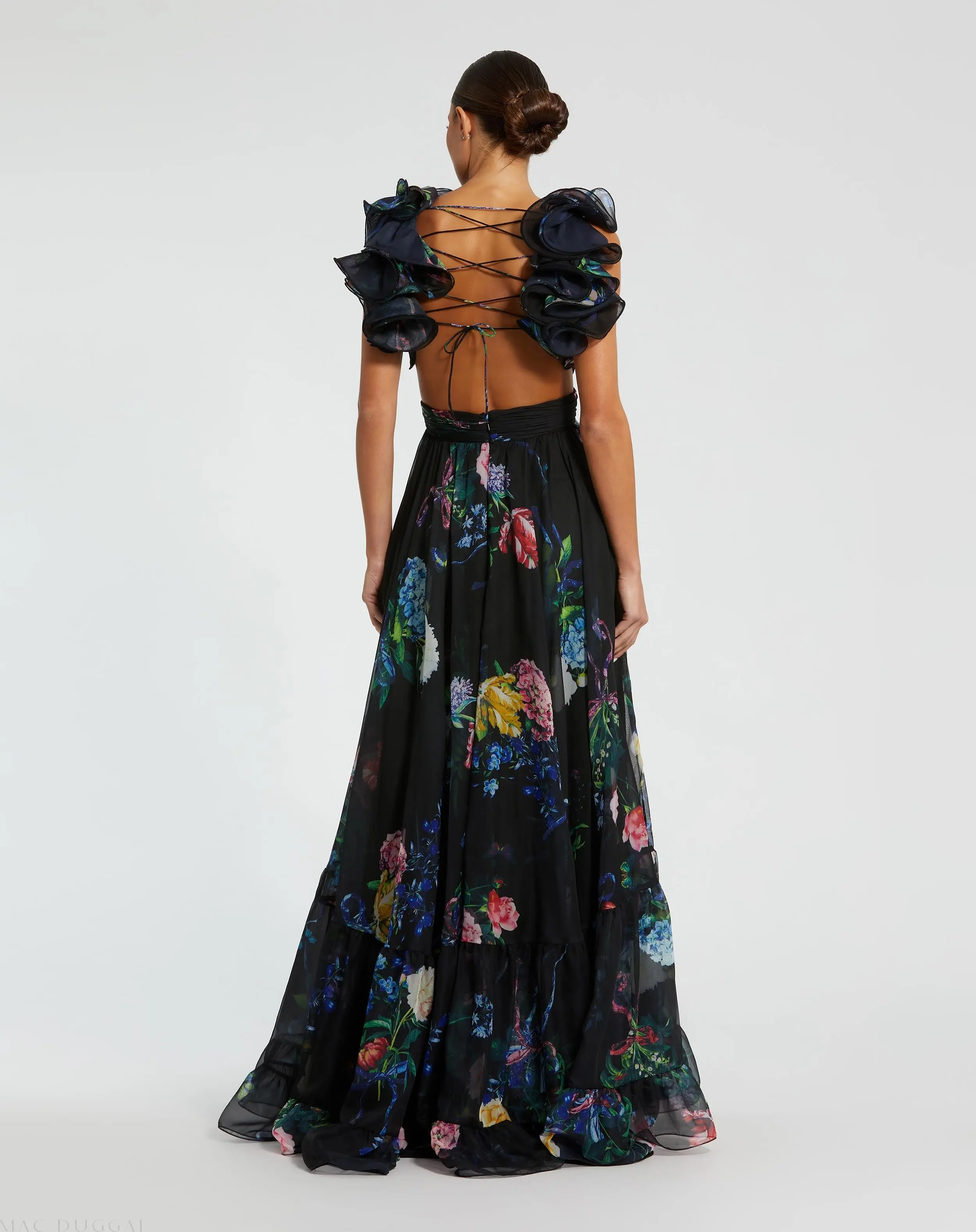 Black Ruffle Tiered Floral Cut-Out Chiffon Gown - FINAL SALE - Image 3