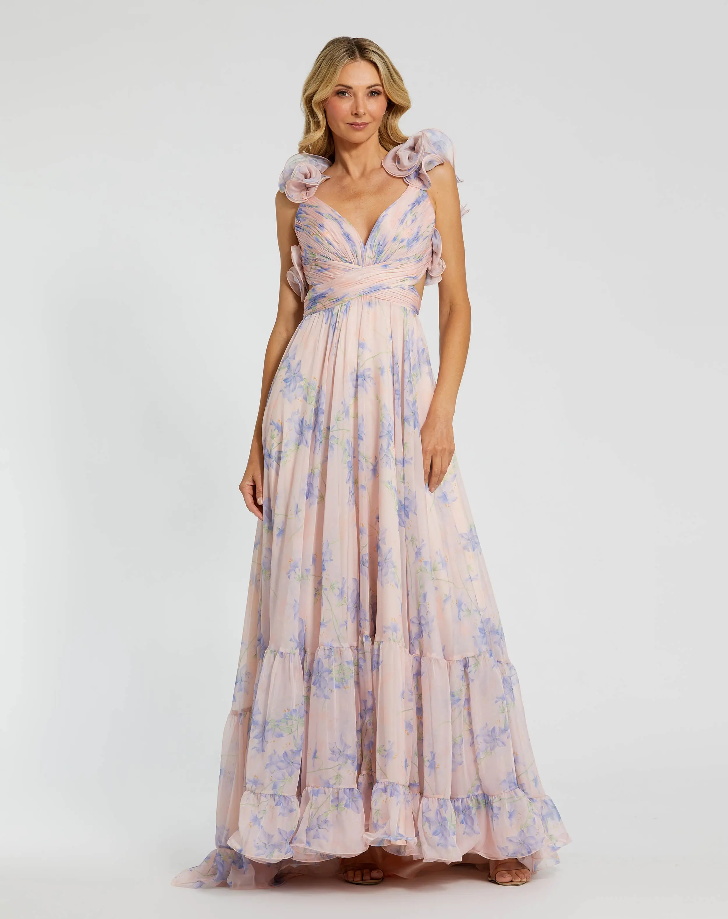 Light Pink Ruffle Tiered Cut-Out Chiffon Floral Gown