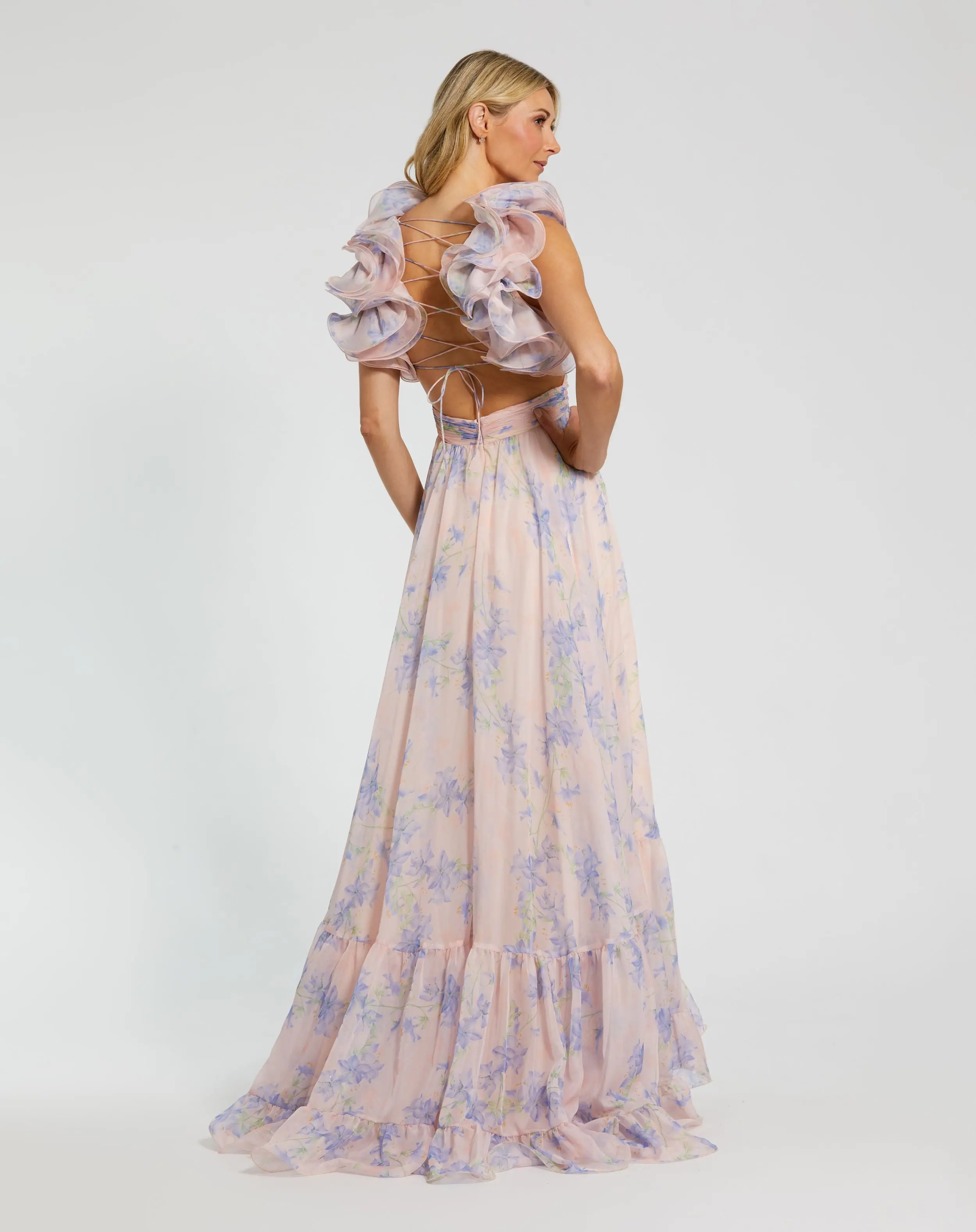 Light Pink Ruffle Tiered Cut-Out Chiffon Floral Gown - Image 2