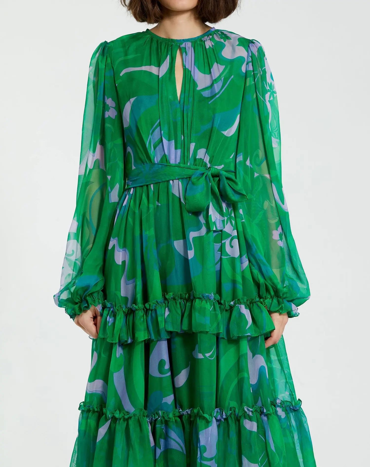 Green Printed Chiffon Bishop Sleeve Tie Waisted Ruffle Midi Dress - Image 3