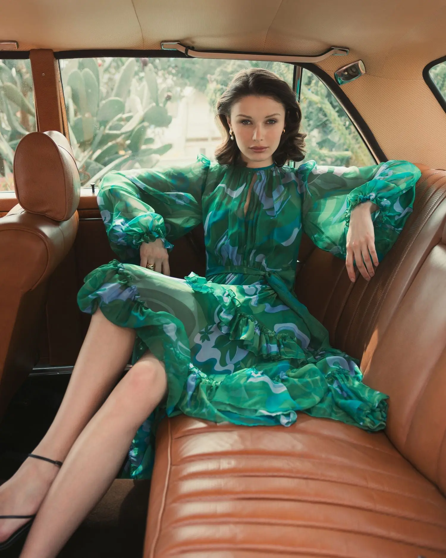 Green Printed Chiffon Bishop Sleeve Tie Waisted Ruffle Midi Dress - Image 5