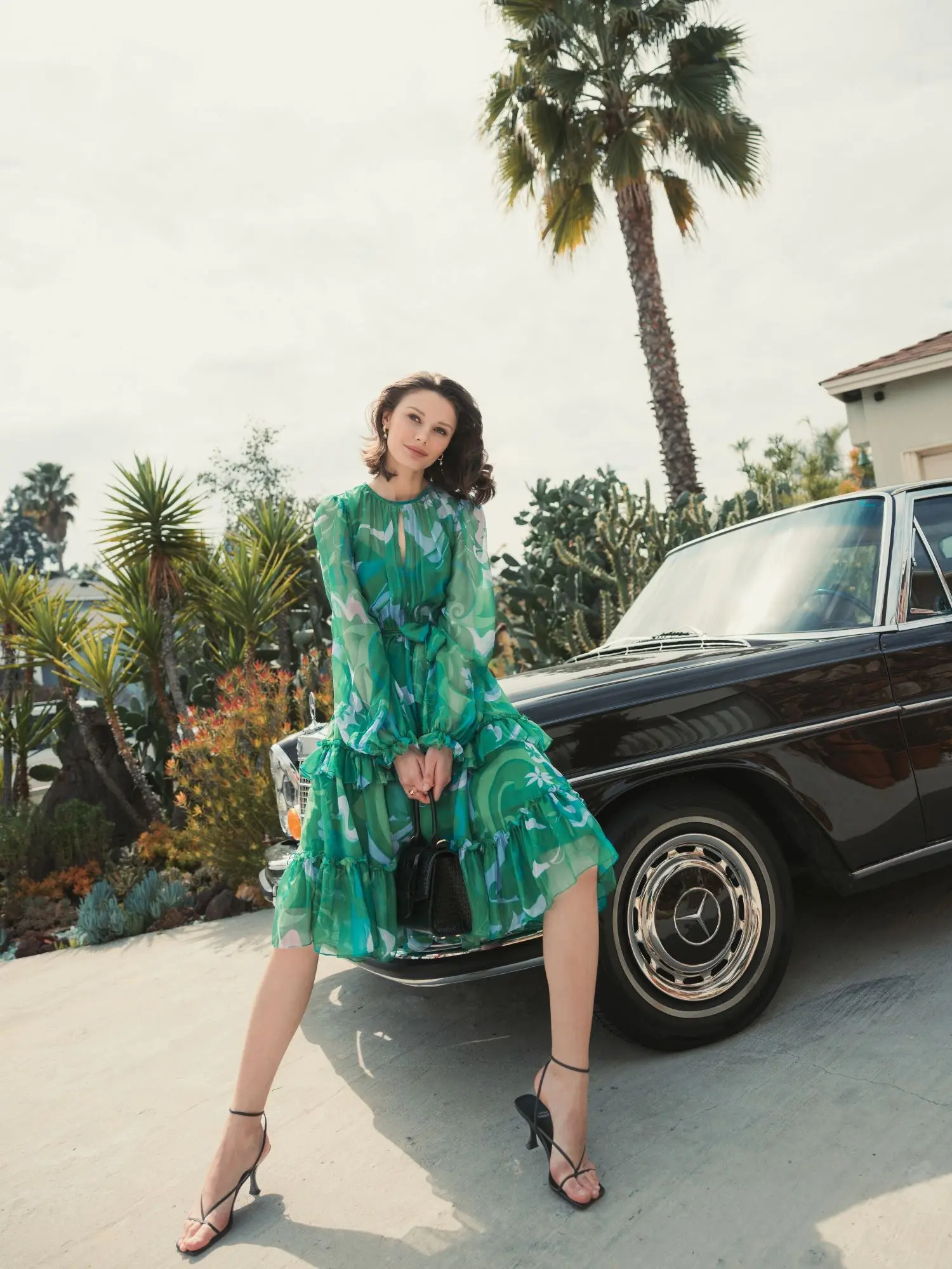 Green Printed Chiffon Bishop Sleeve Tie Waisted Ruffle Midi Dress - Image 6