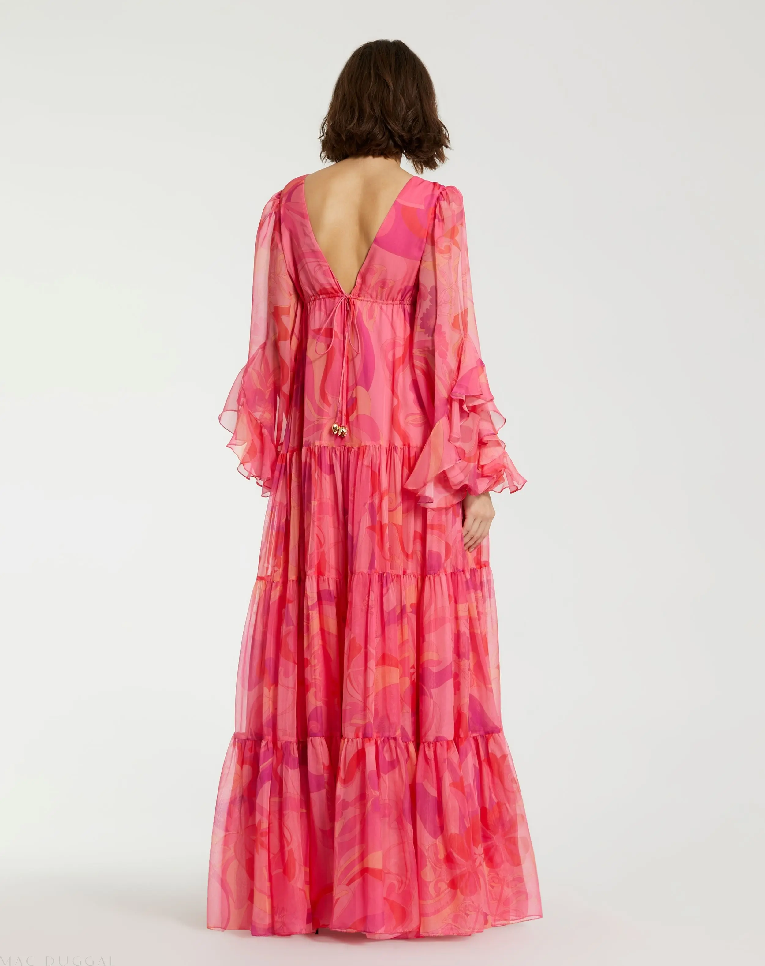 Pink Hibiscus Printed Chiffon Ruffle Long Sleeve V Neck Maxi Dress - Image 4