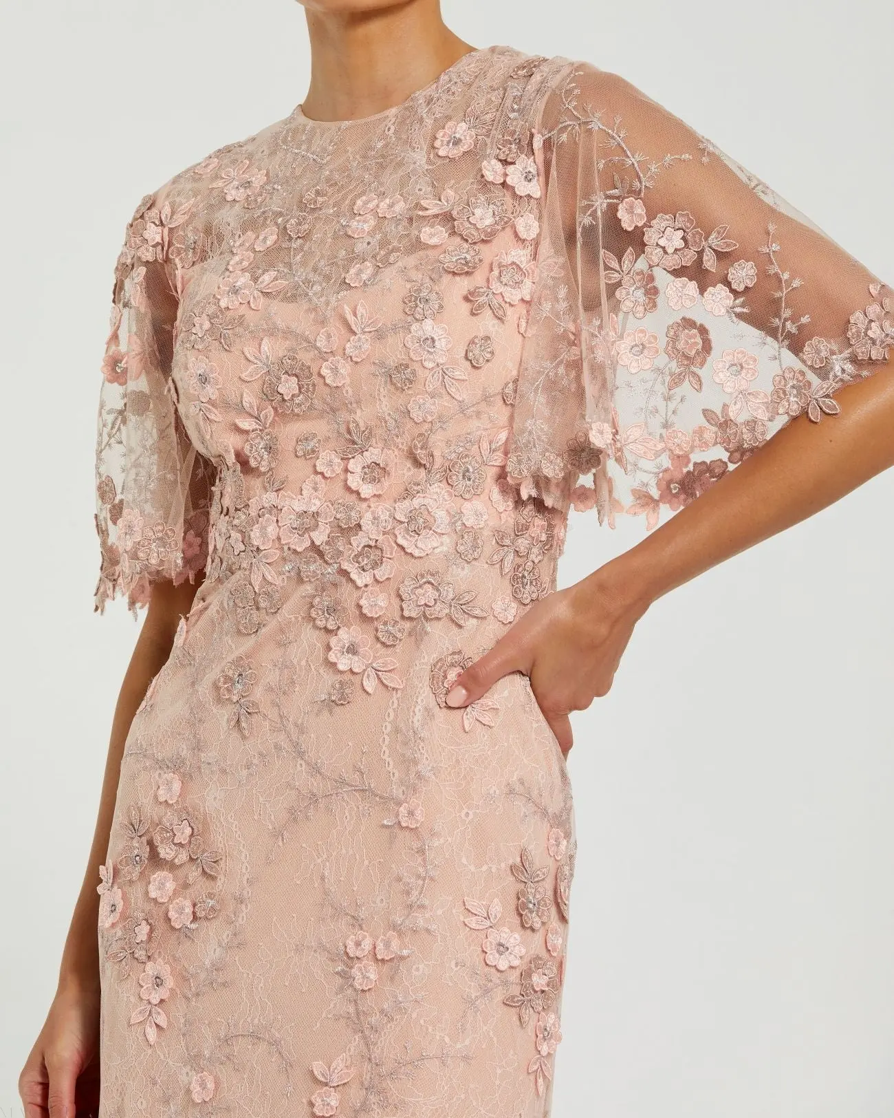 Pink Flutter Sleeve Floral Embroidered Net Gown - Image 2