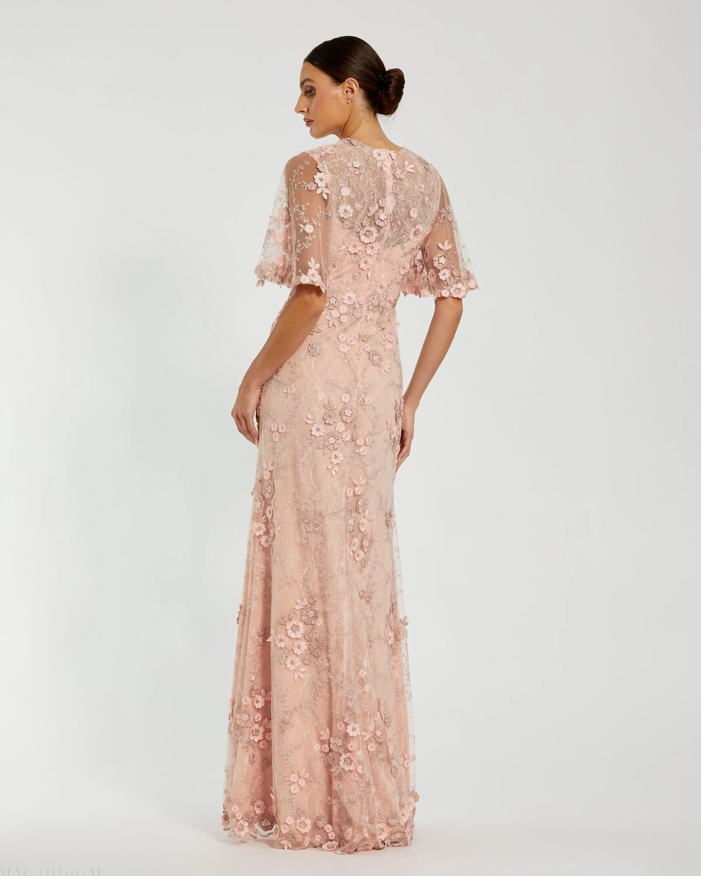 Pink Flutter Sleeve Floral Embroidered Net Gown - Image 3