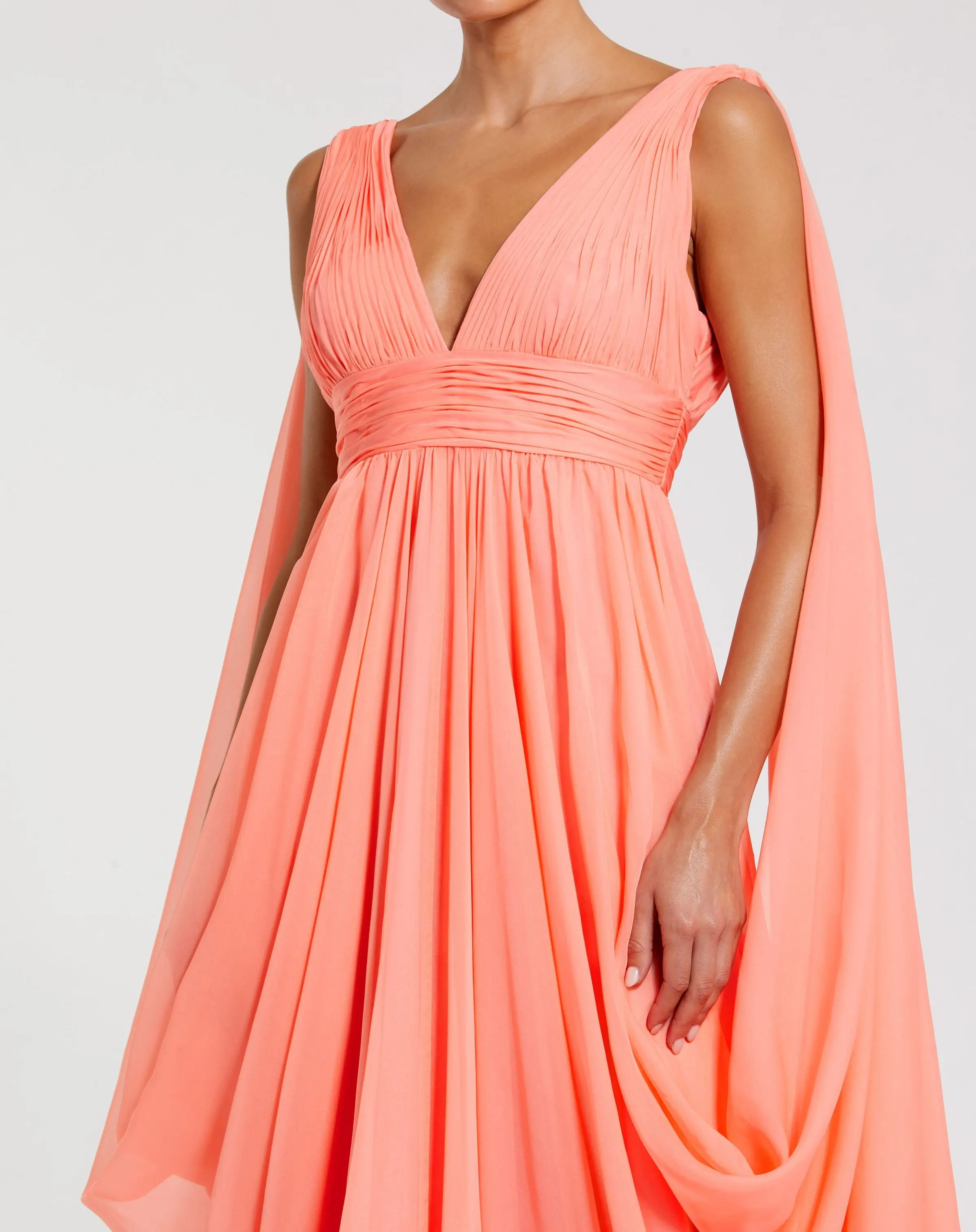 Pink V-Neck A-Line Chiffon Gown with Draped Details - Image 2