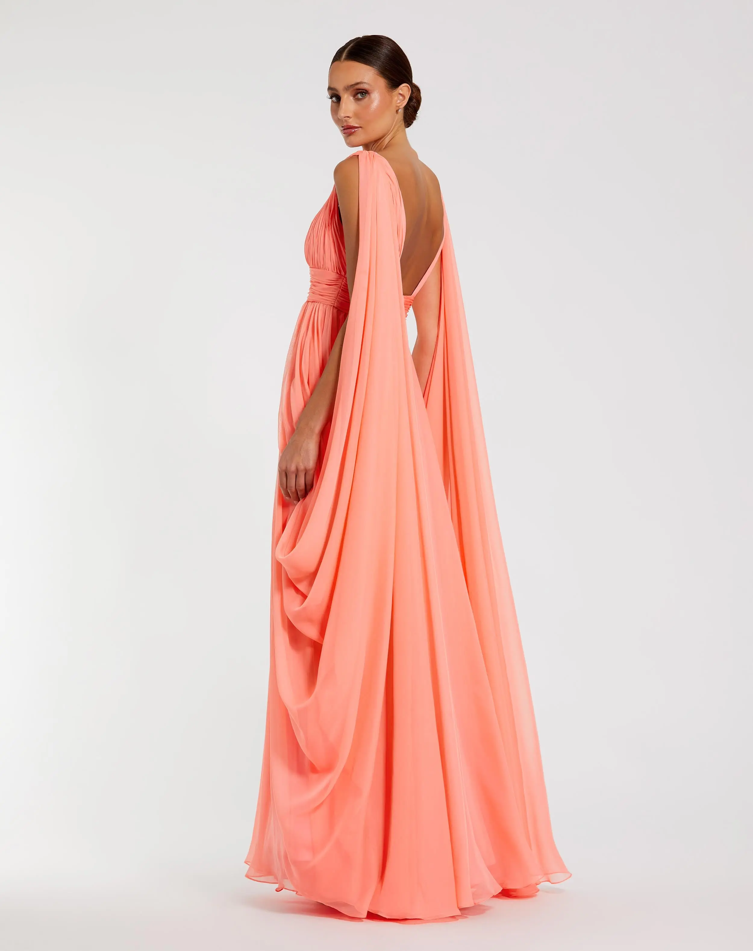 Pink V-Neck A-Line Chiffon Gown with Draped Details - Image 3