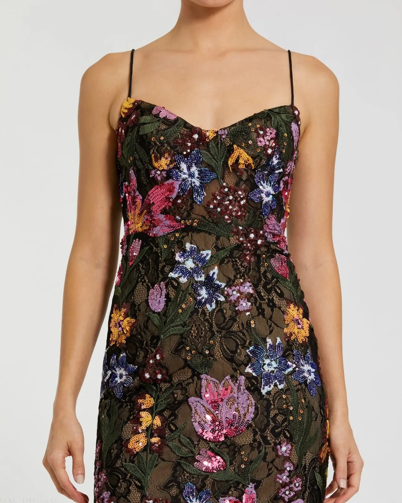 Black Multicolor Floral Embroidered Trumpet Gown - Image 2