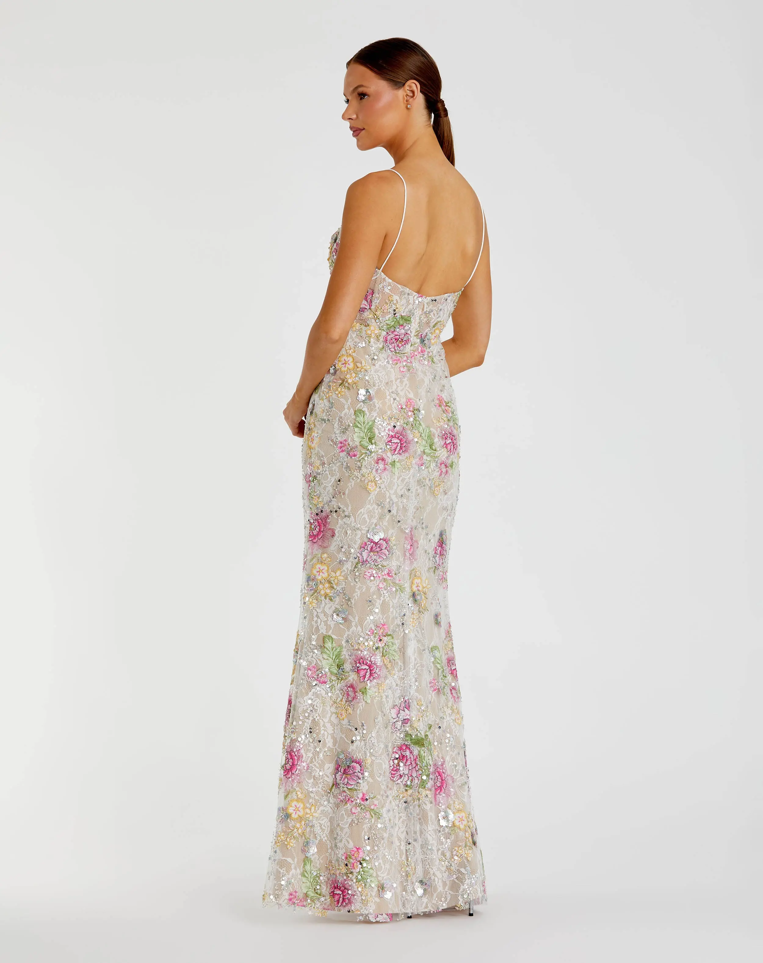 Ivory Embellished Bustier Floral Trumpet Gown - Image 3