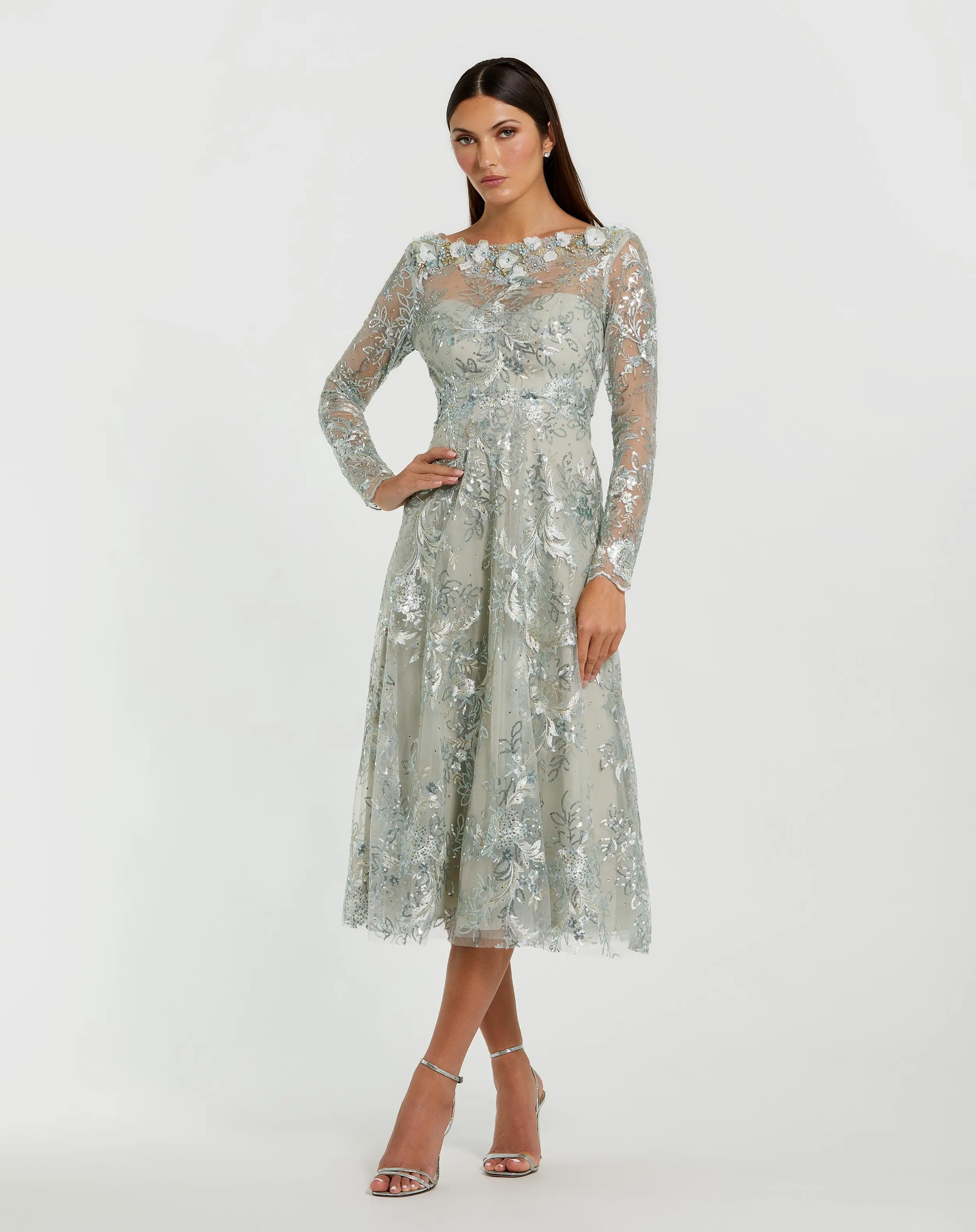 Blue Embellished Illusion Long Sleeve Midi Dress
