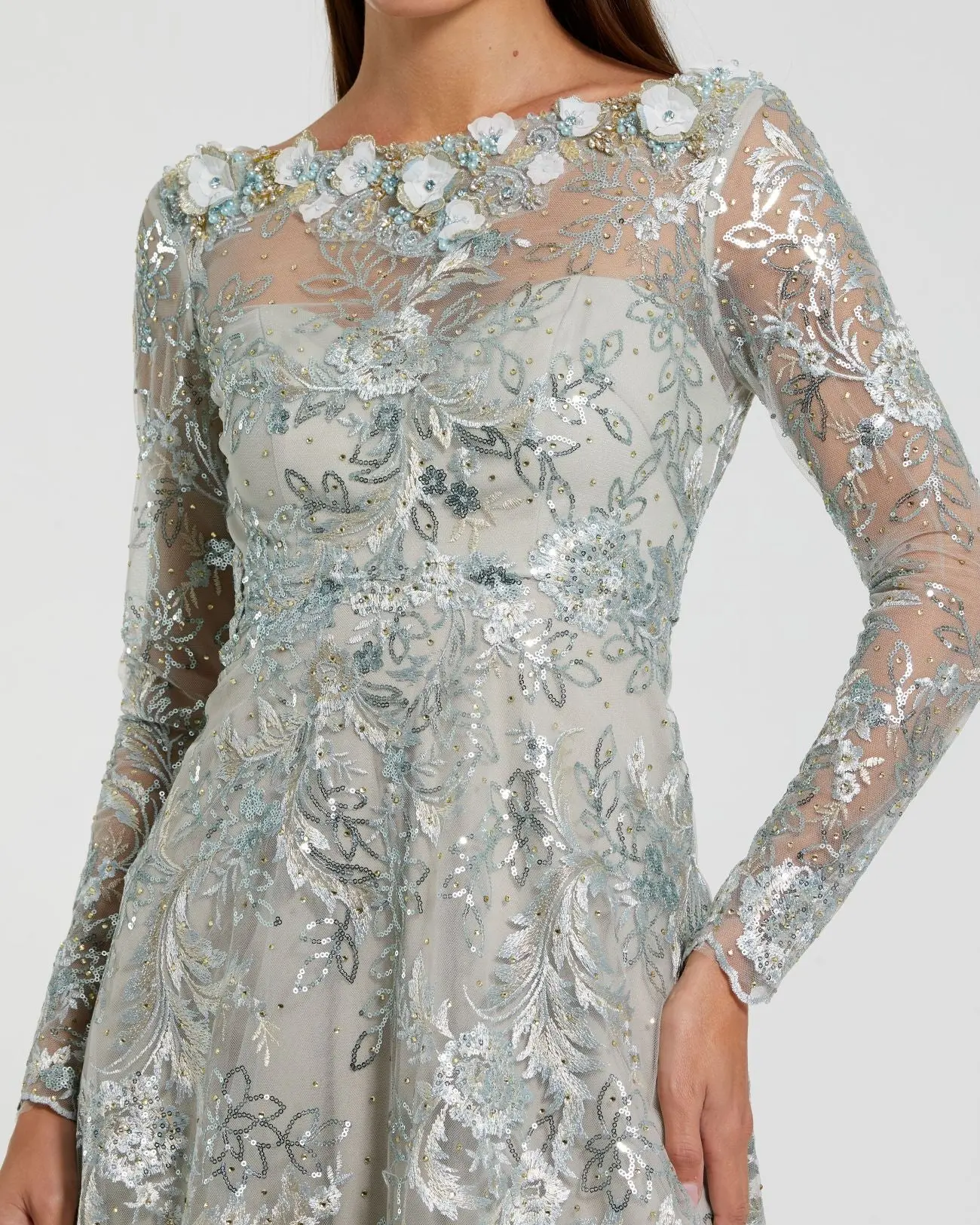Blue Embellished Illusion Long Sleeve Midi Dress - Image 2
