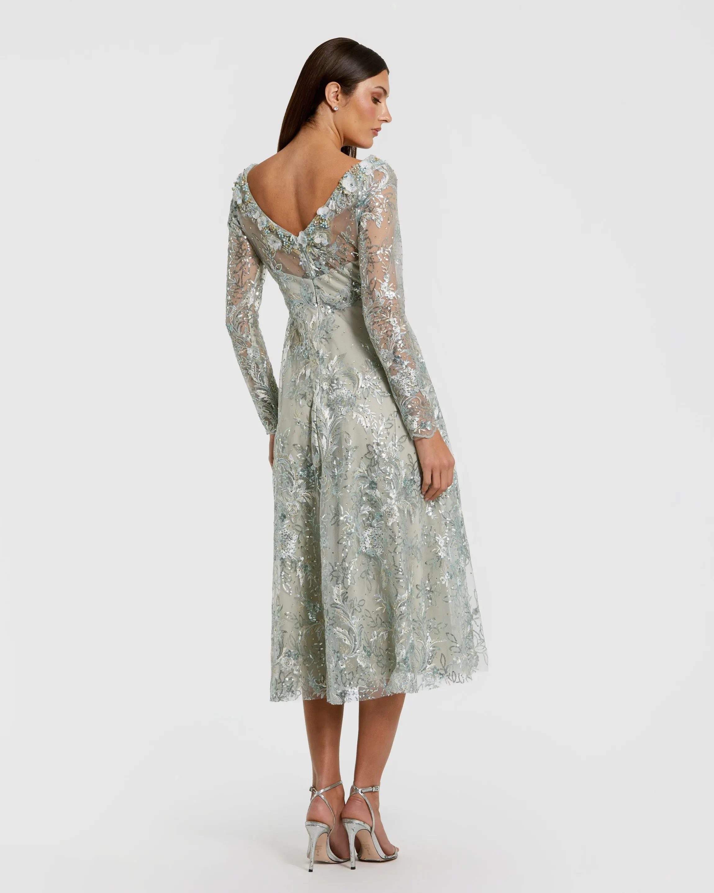 Blue Embellished Illusion Long Sleeve Midi Dress - Image 3