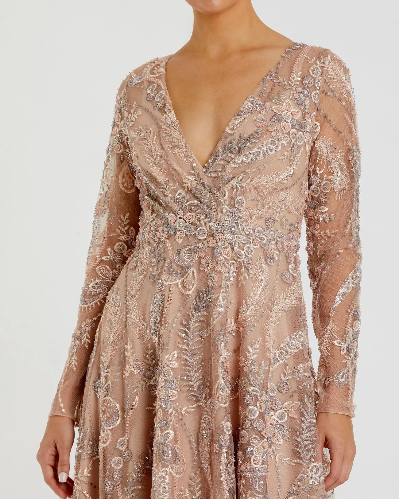 Beige Embroidered Long Sleeve V-Neck Midi Dress - Image 2