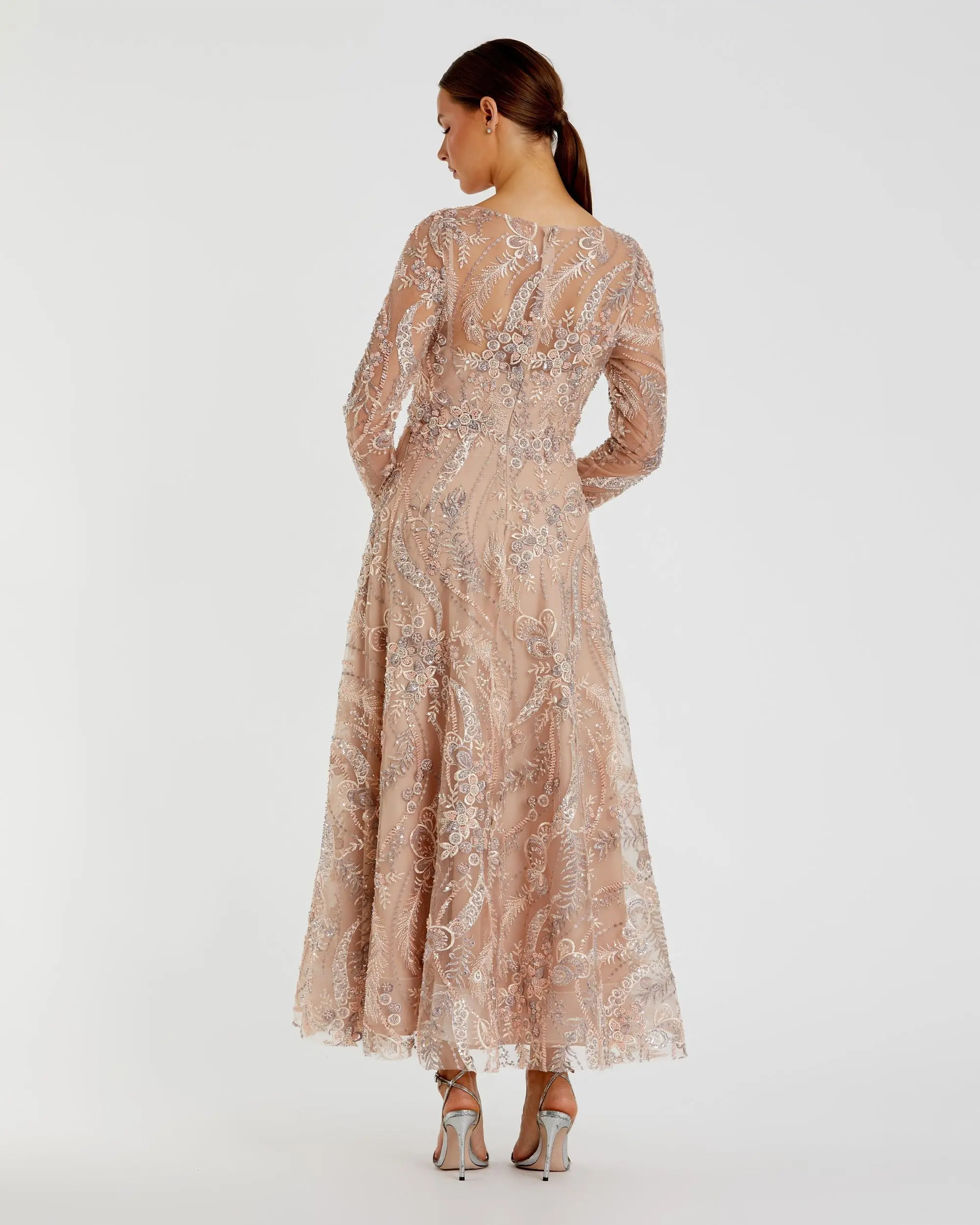 Beige Embroidered Long Sleeve V-Neck Midi Dress - Image 3