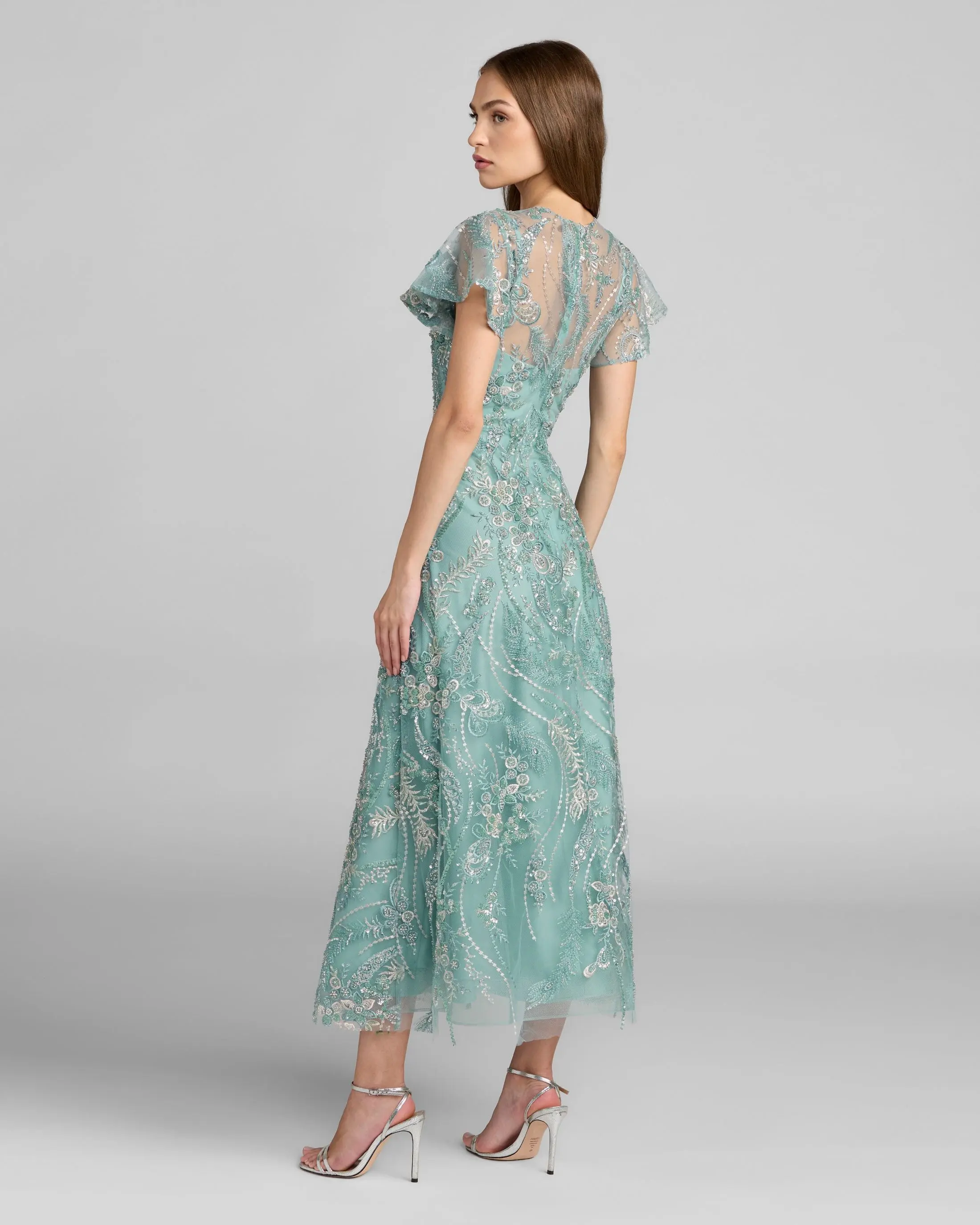 Blue Embroidered Flutter Sleeve Midi Dress - Image 3