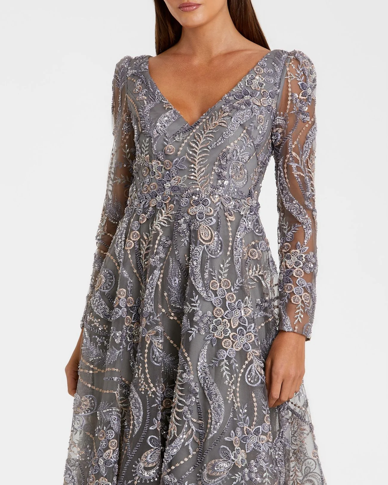 Gray Embroidered Long Sleeve Midi Dress - Image 2