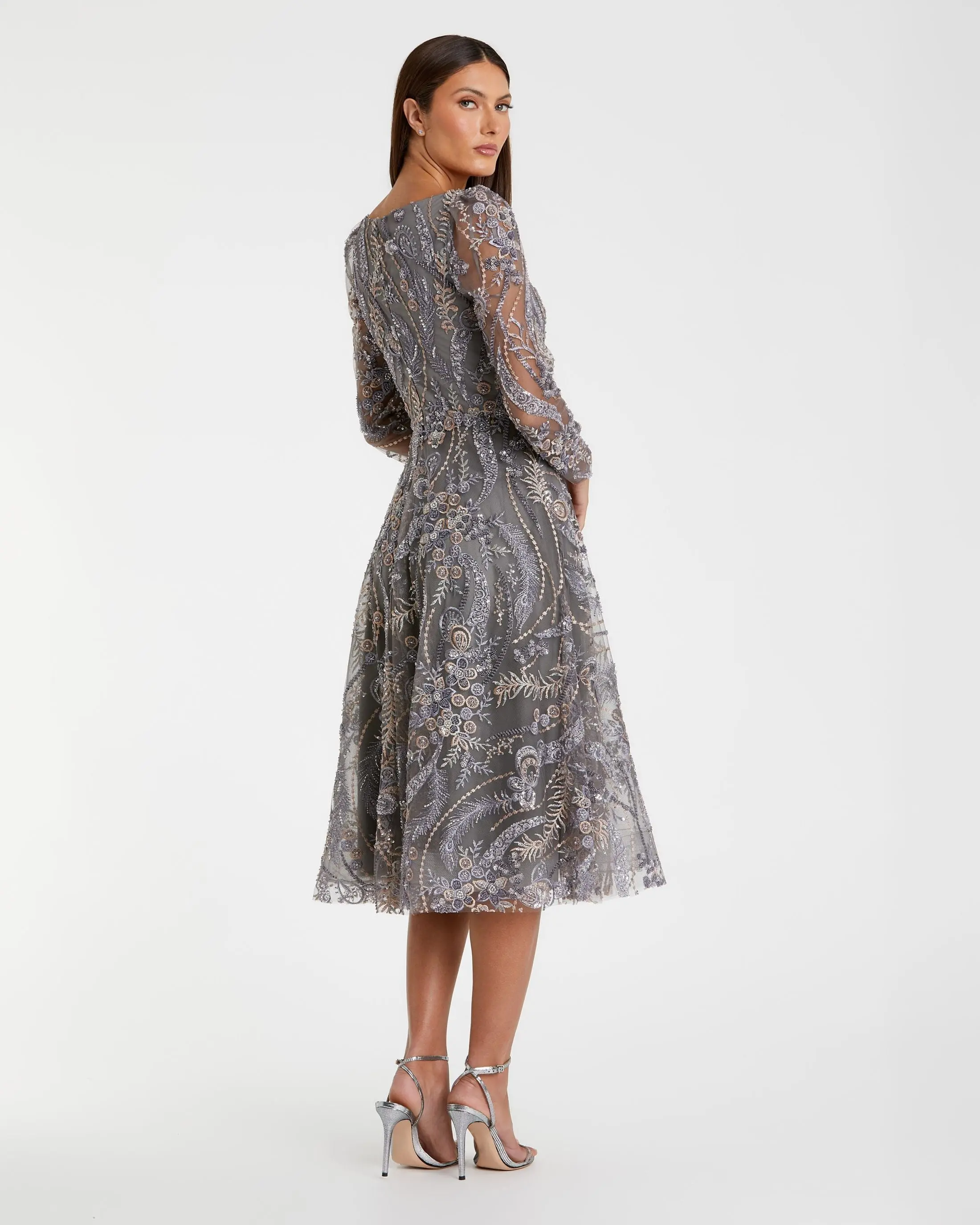Gray Embroidered Long Sleeve Midi Dress - Image 3
