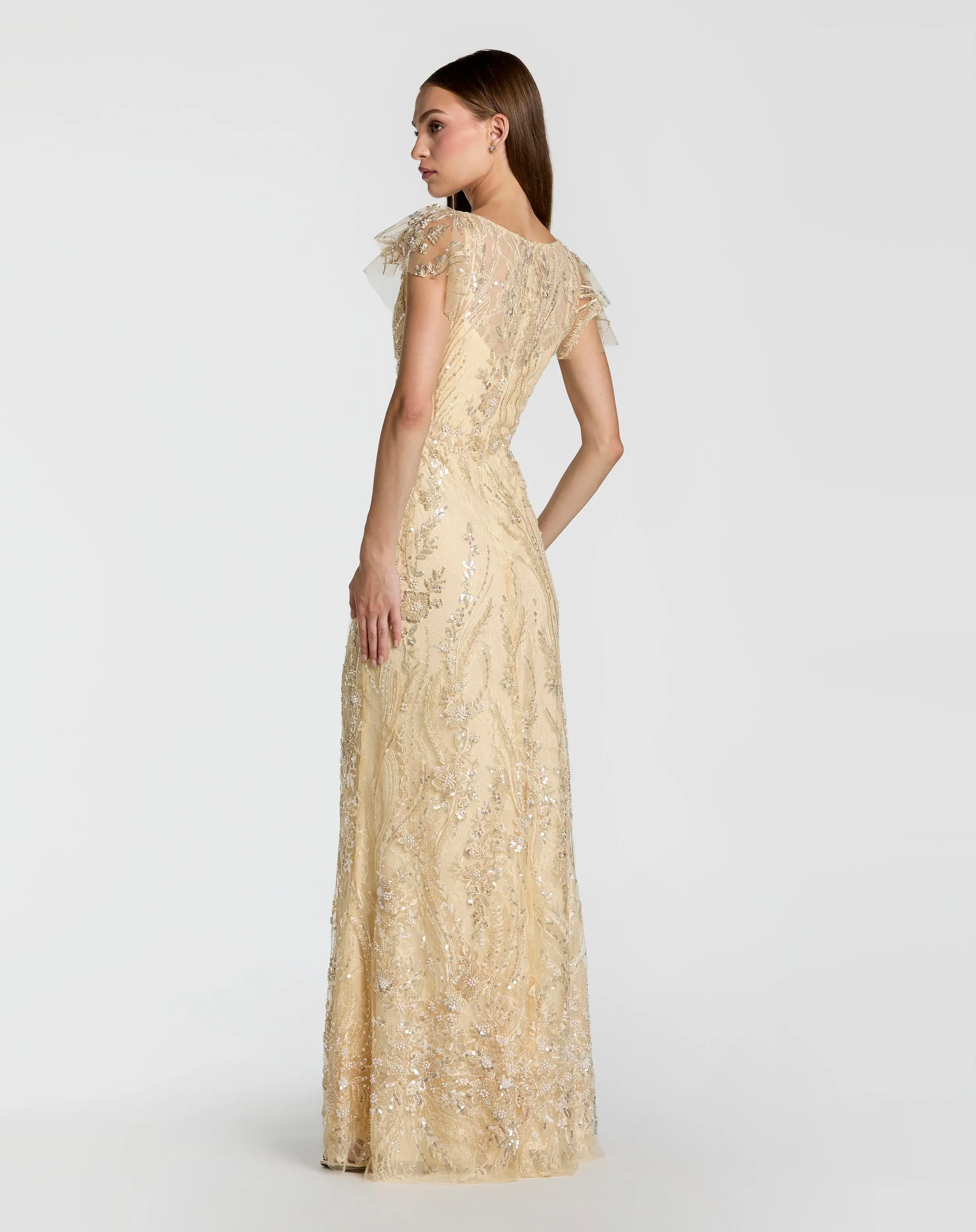 Gold V Neck Flutter Sleeve Embroidered Lace Gown - Image 3