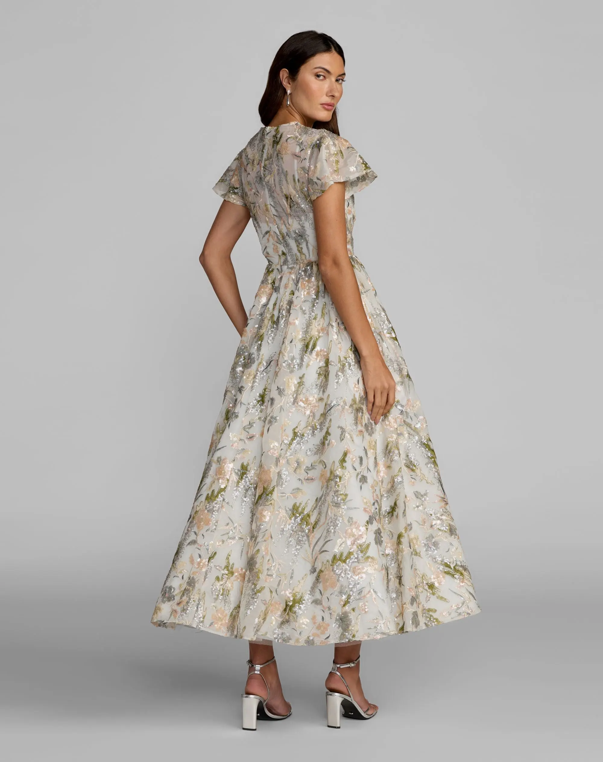 Ivory Flutter Sleeve Sequin A-Line Midi Dress - Image 4