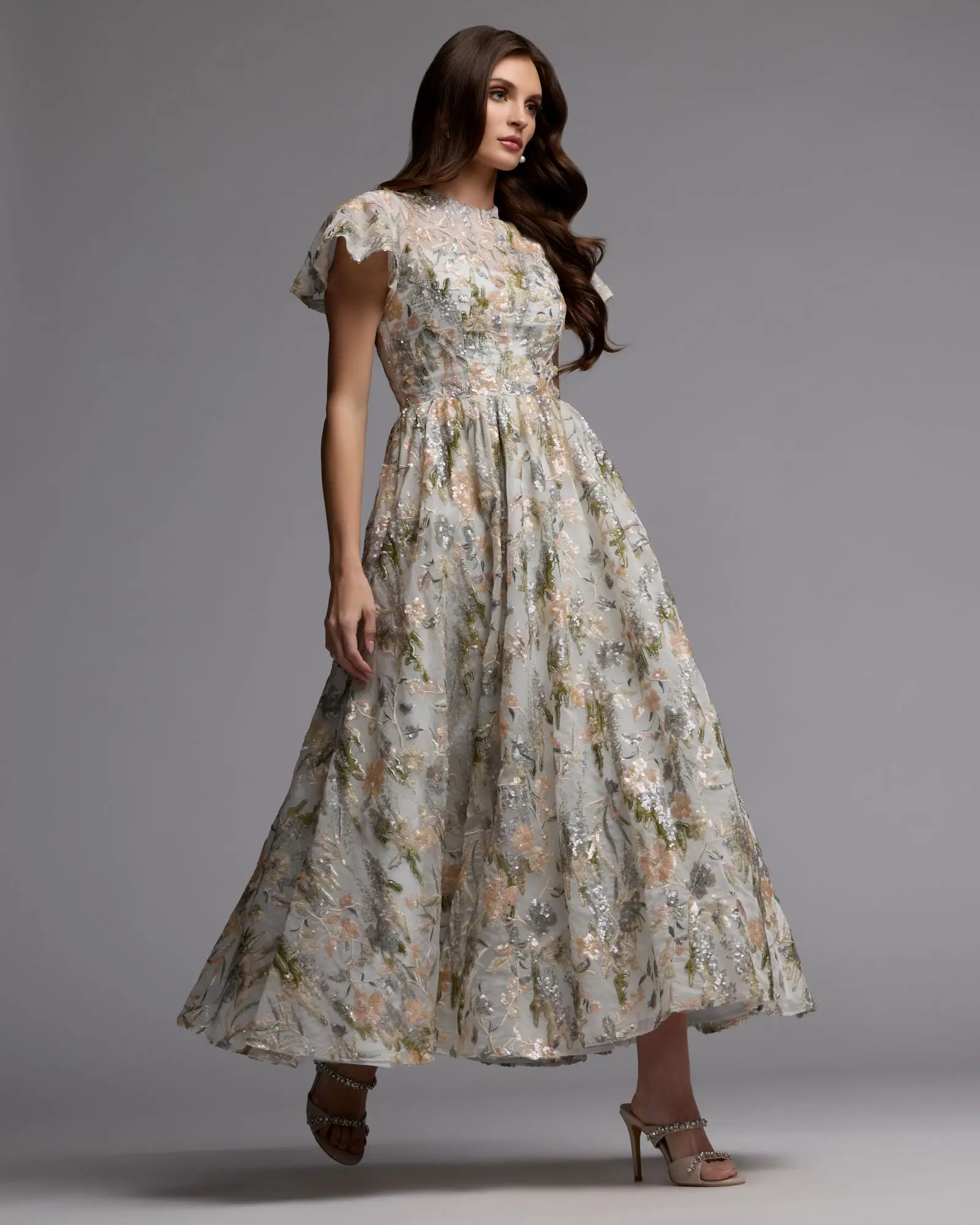 Ivory Flutter Sleeve Sequin A-Line Midi Dress - Image 5
