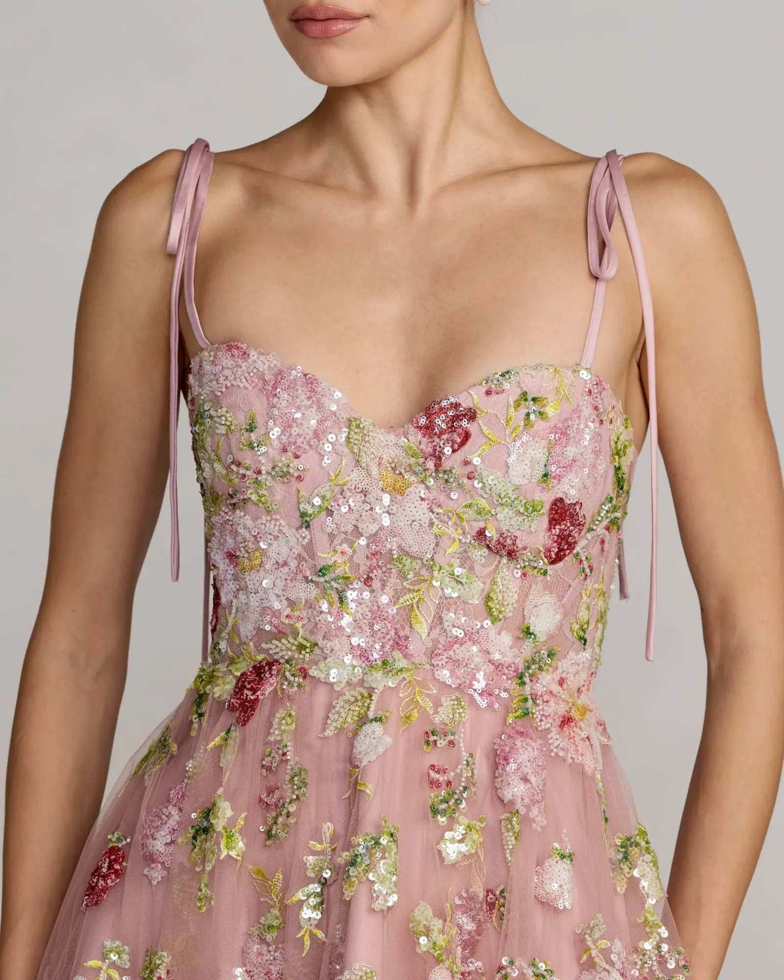 Pink Floral Embellished Tulle Ball Gown - Image 2