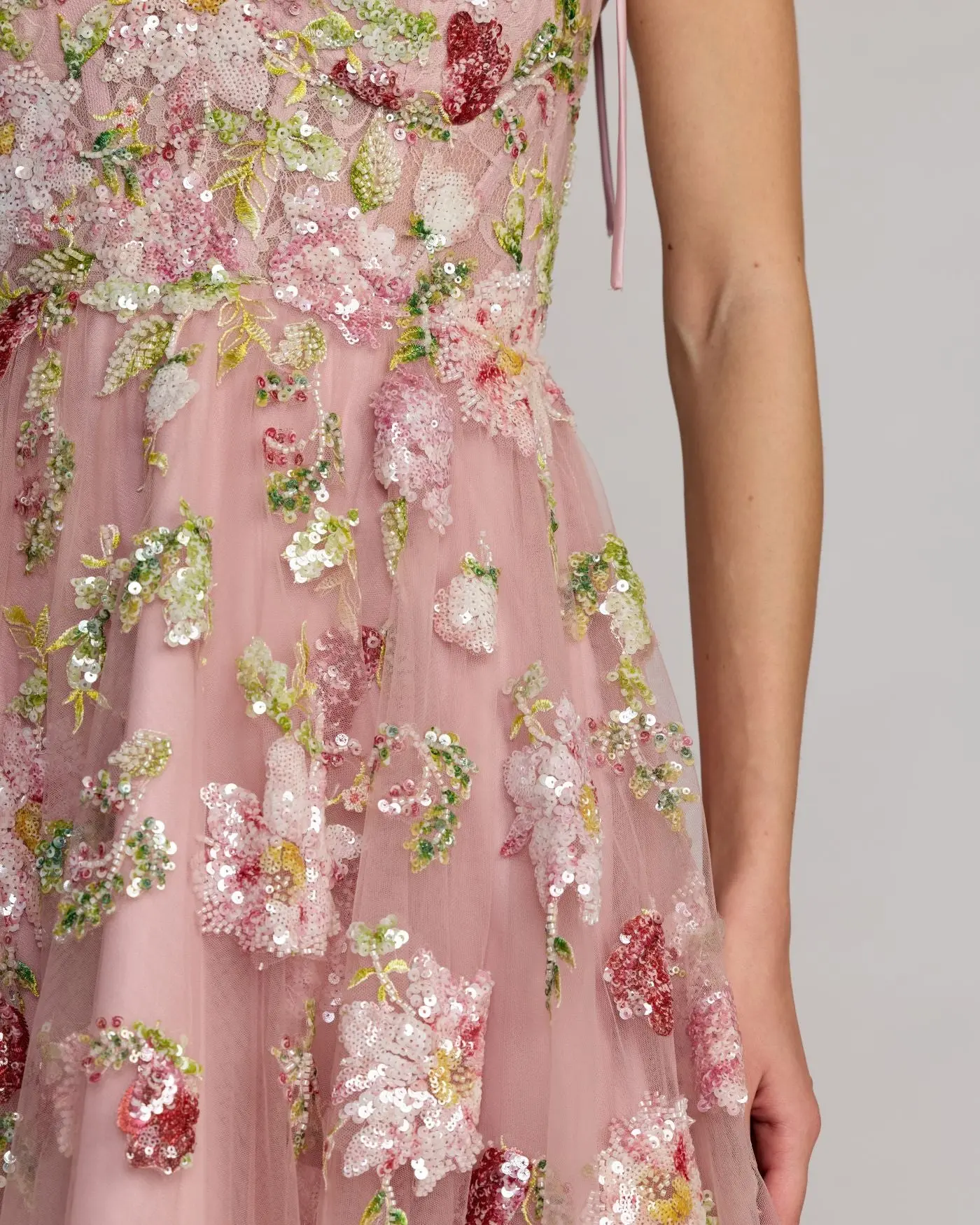 Pink Floral Embellished Tulle Ball Gown - Image 3