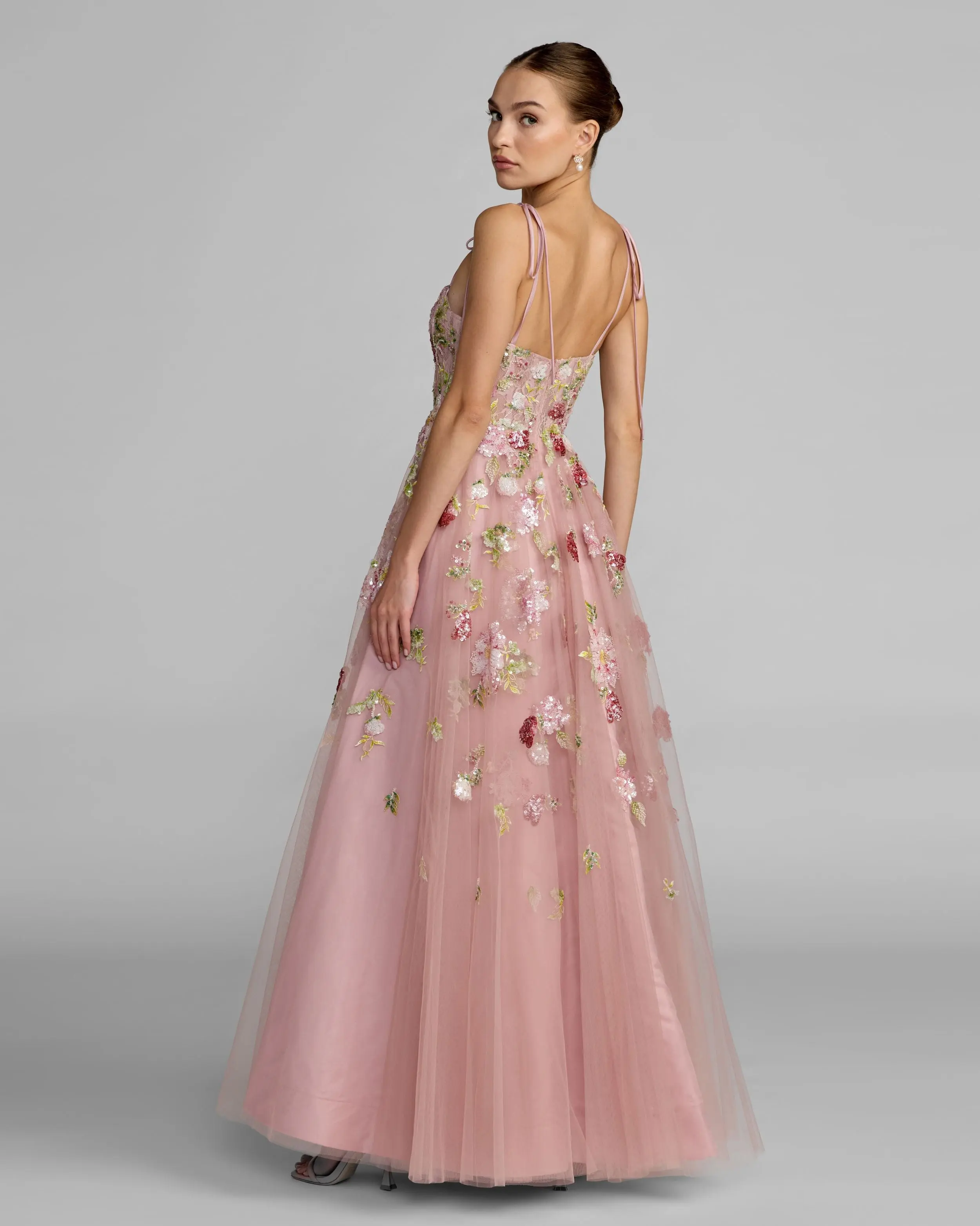 Pink Floral Embellished Tulle Ball Gown - Image 4