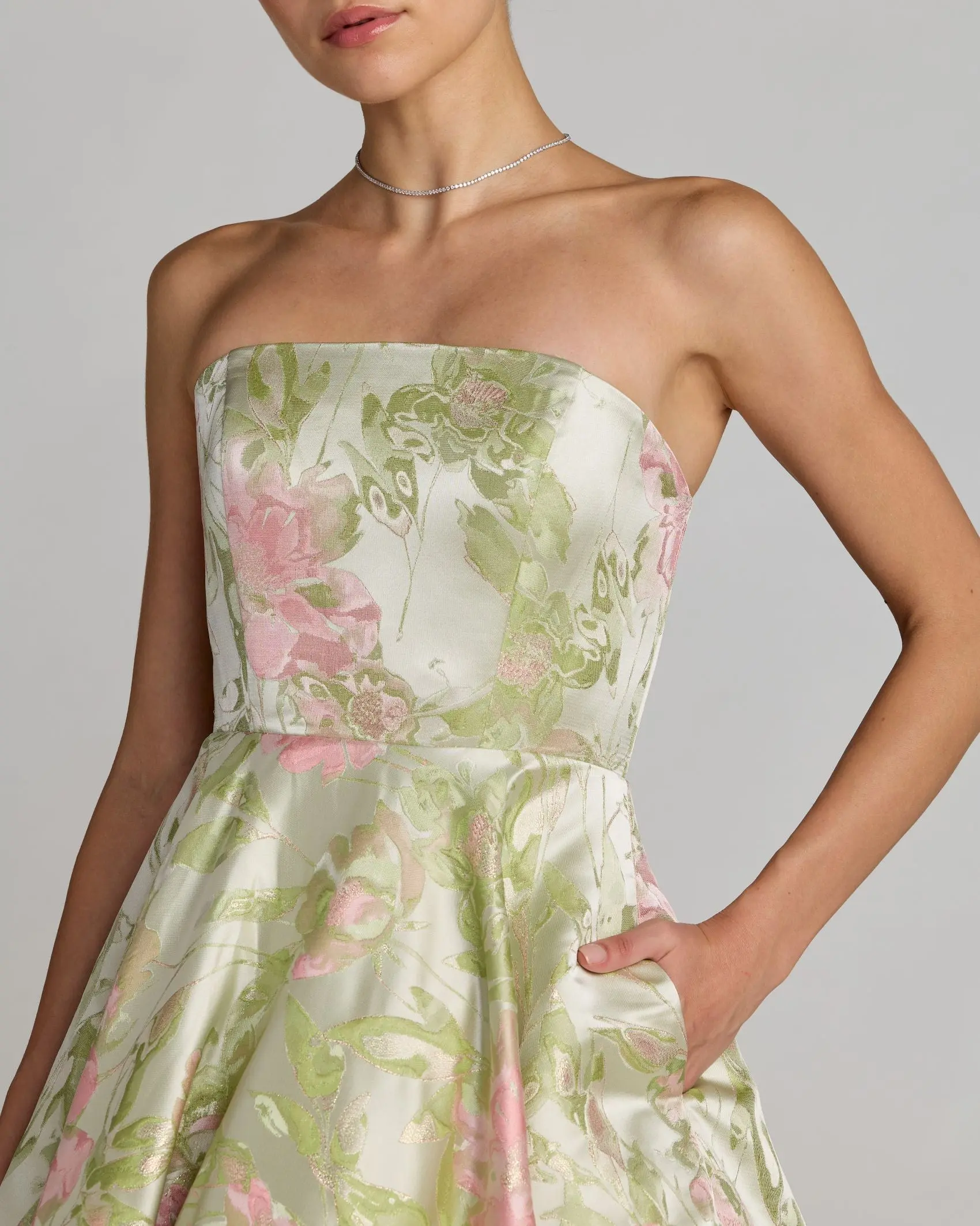 Green Floral Strapless A-Line Midi Dress - Image 2