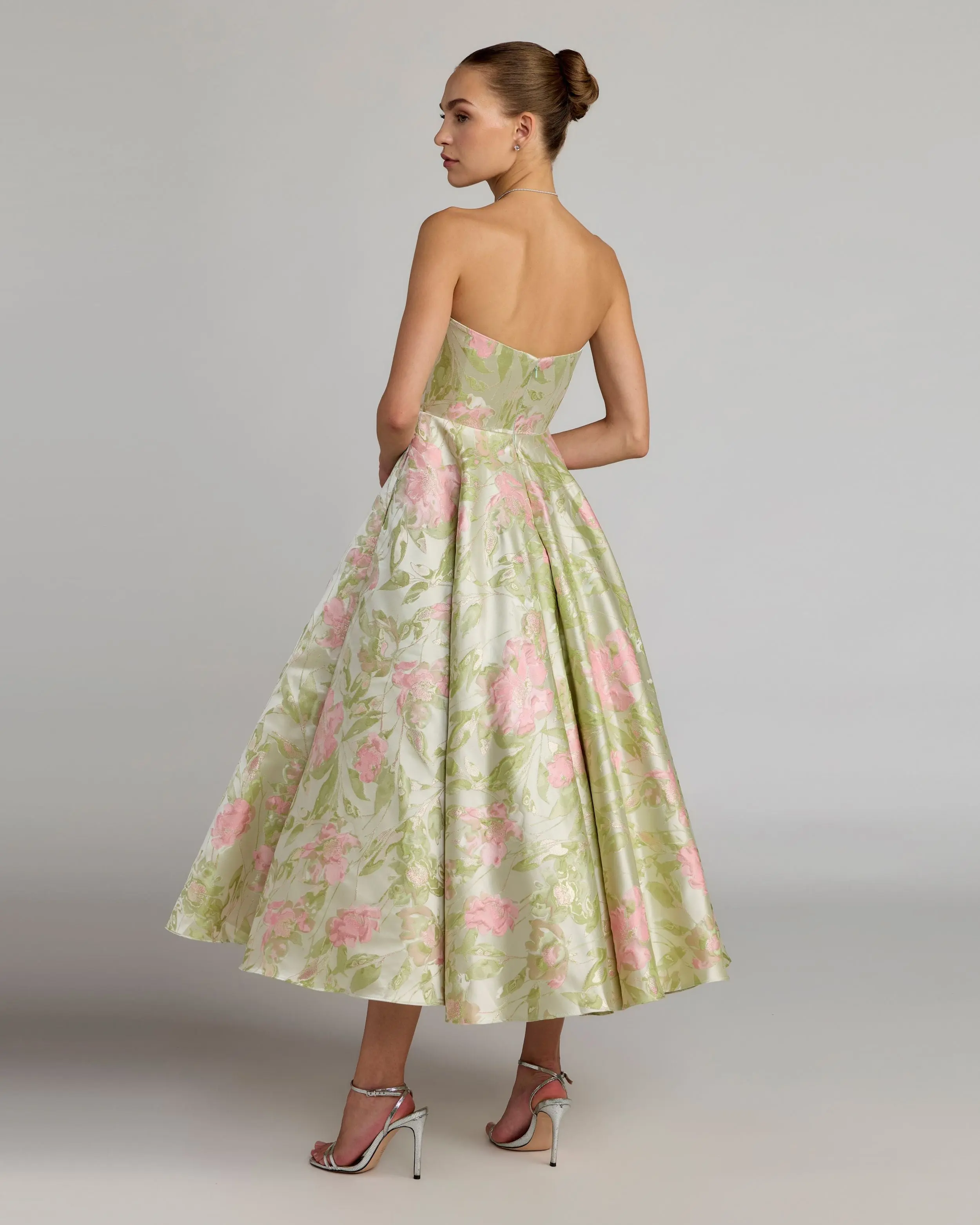 Green Floral Strapless A-Line Midi Dress - Image 3