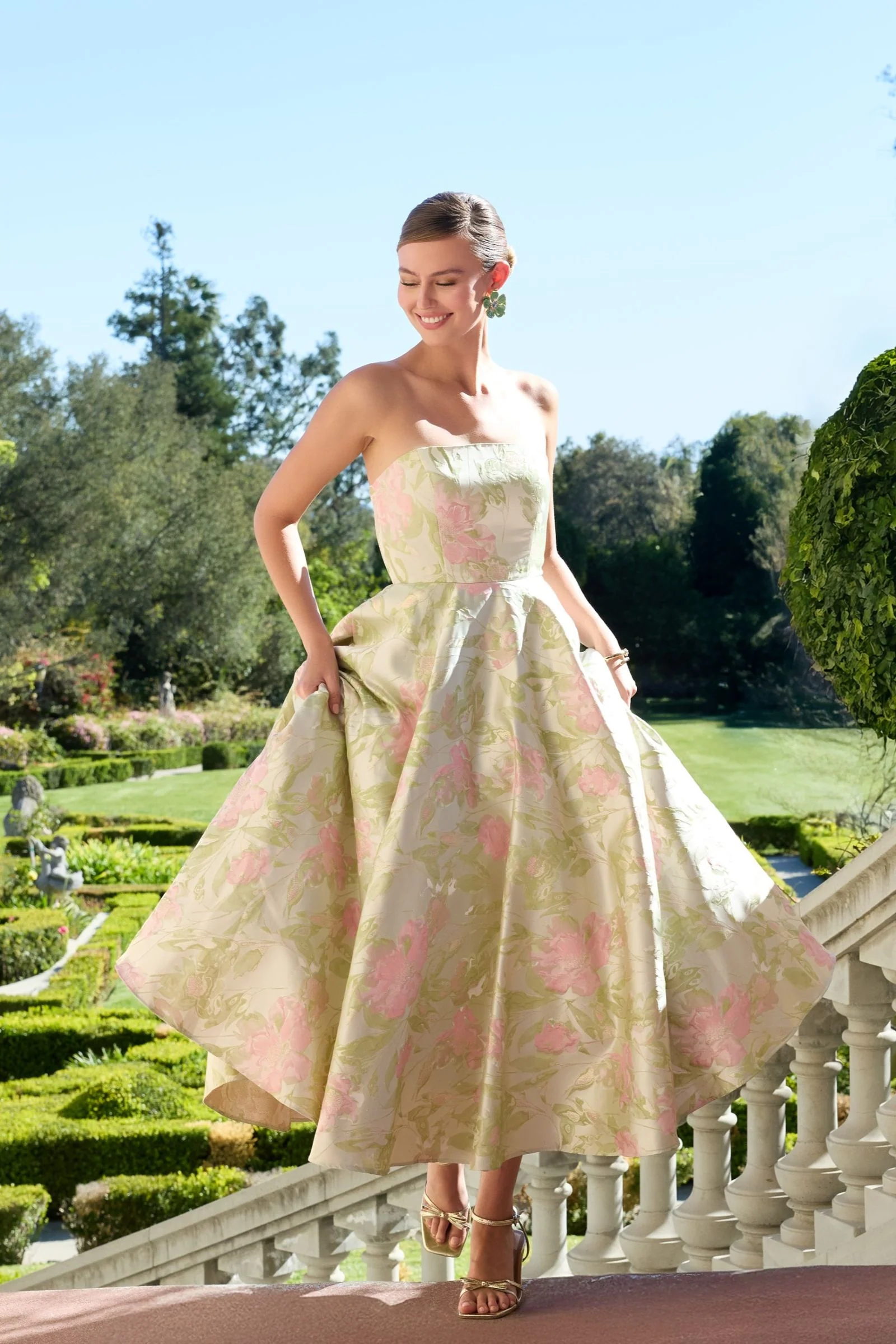 Green Floral Strapless A-Line Midi Dress - Image 4