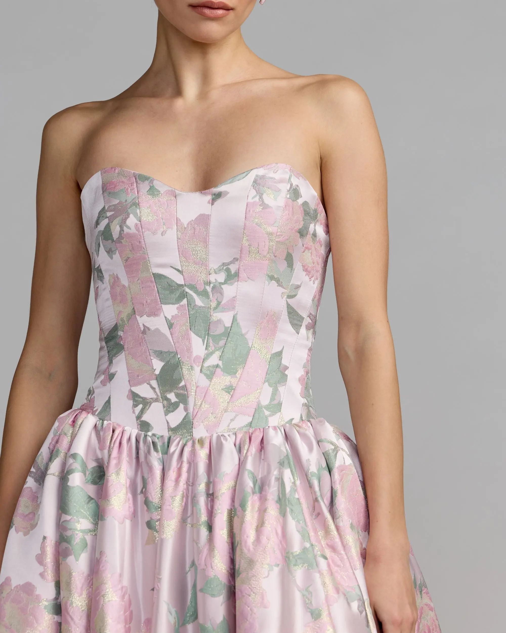 Pink Floral Strapless Ball Gown With Pockets - Image 2