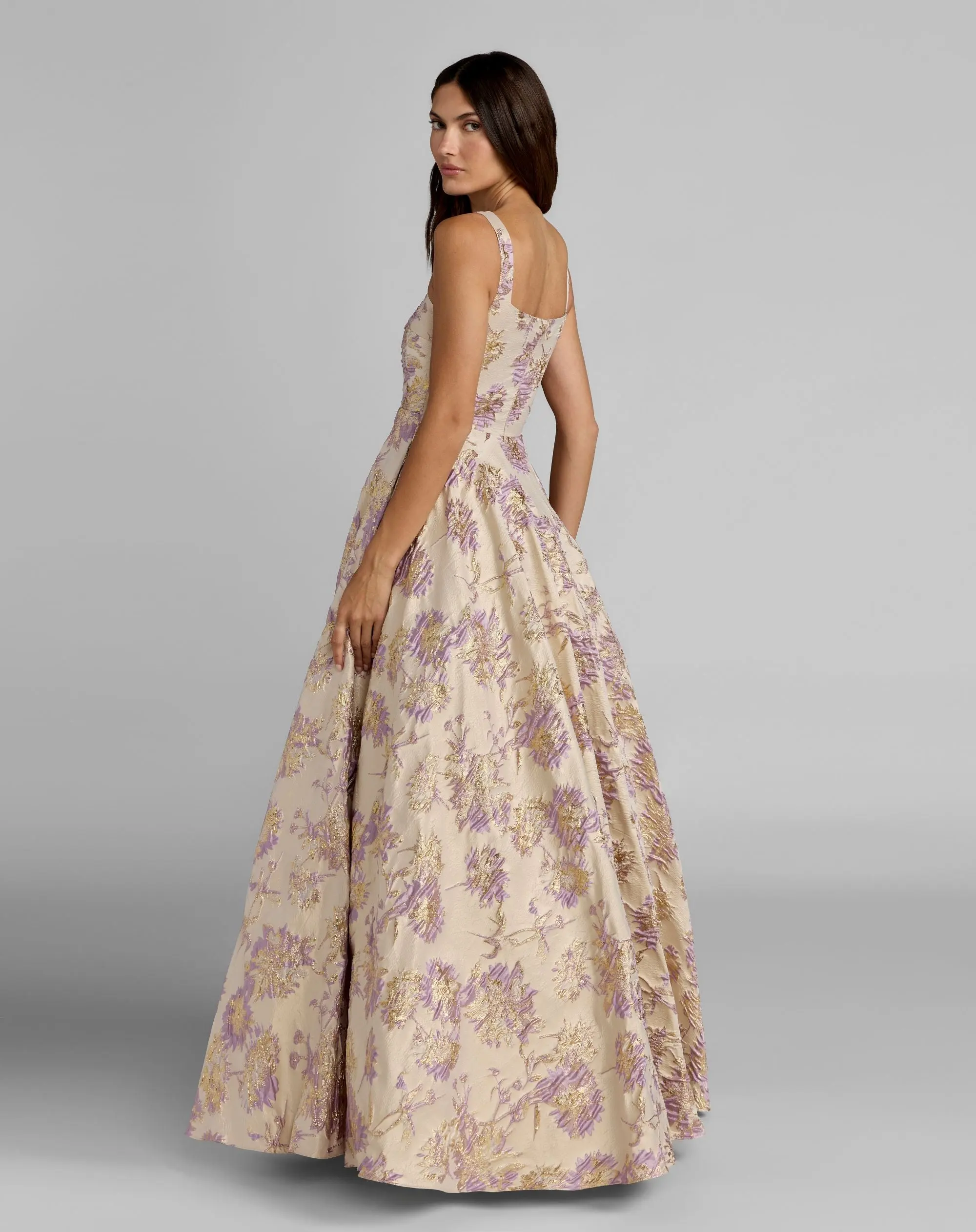 Beige Sleeveless Square Neck Brocade Ball Gown - Image 3