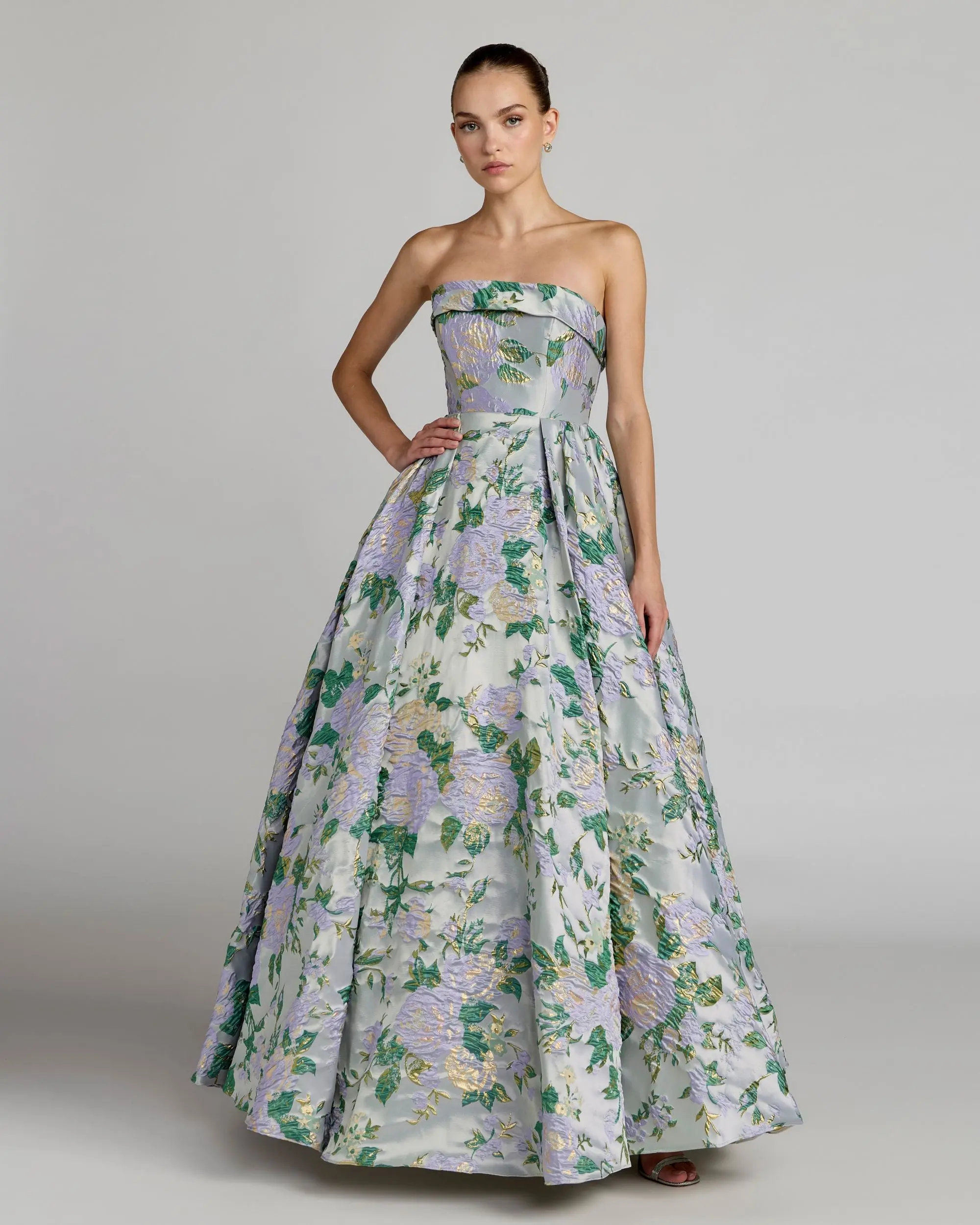 Blue Multicolor Floral Strapless Brocade Ball Gown